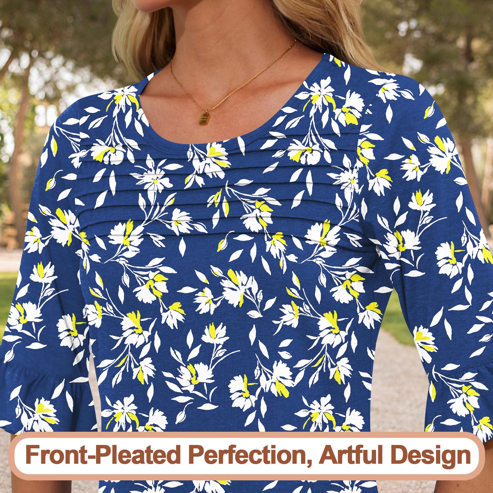 Blingfit Blusa de manga 3/4 para mujer, estilo casual, con volantes, manga acampanada, plisada, a la moda, para verano
