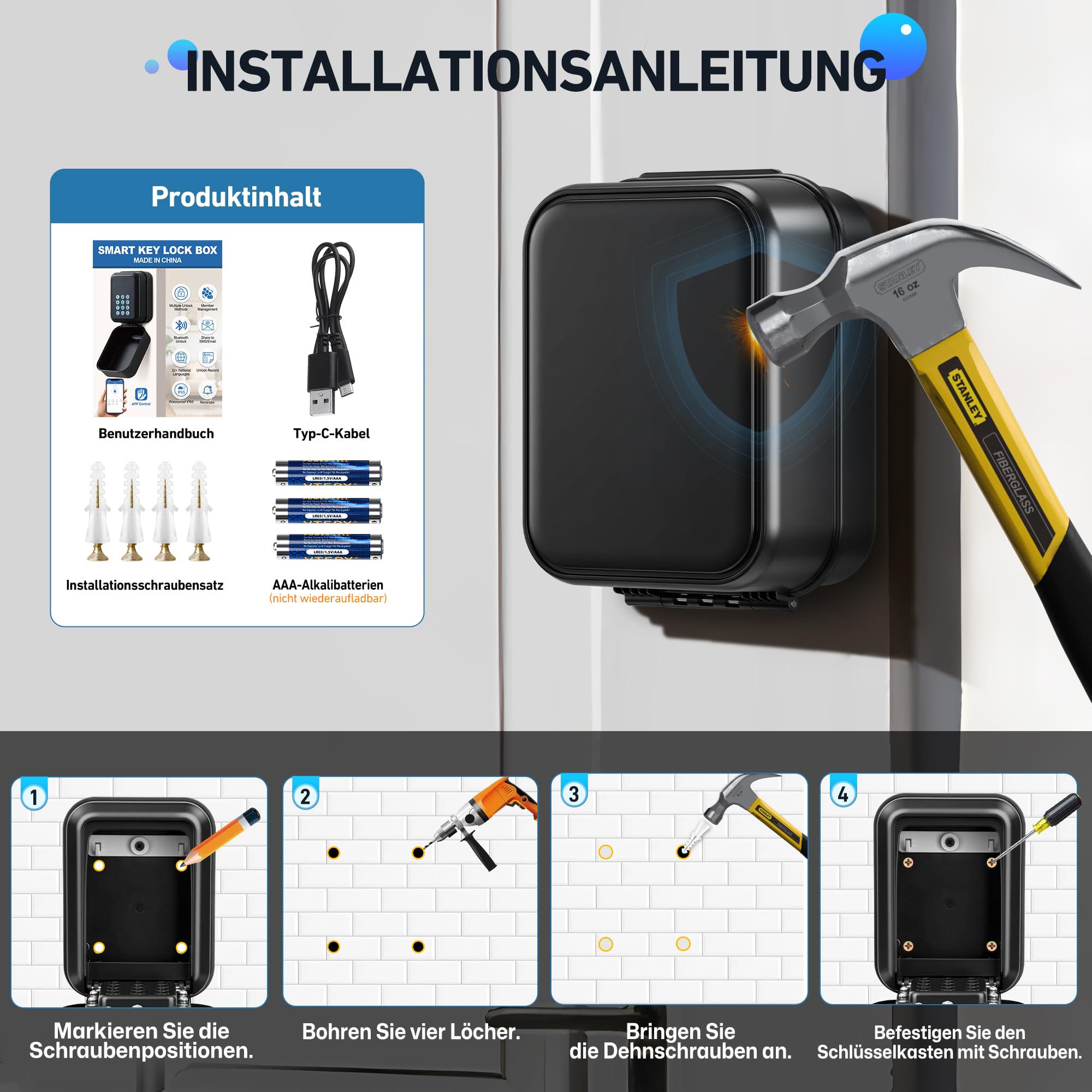 Schlüsseltresor mit Zahlencode Aussen wasserdichte Schlüsselbox Bluetooth Anti-Diebstahl Schlüsselsafe Wandmontage Schlüsselkasten mit Mehrere Passwörter & App-Funktionen