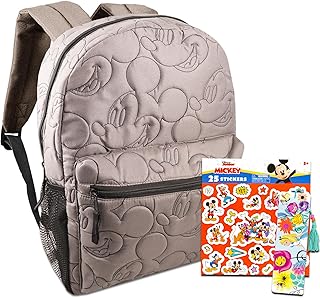 Mickey Mouse School Backpack Kids 16 Inches - Bundle with Mickey Backpack, Mickey Mouse Stickers, Bookmark | Mickey Quilted Backpack for Toddlers