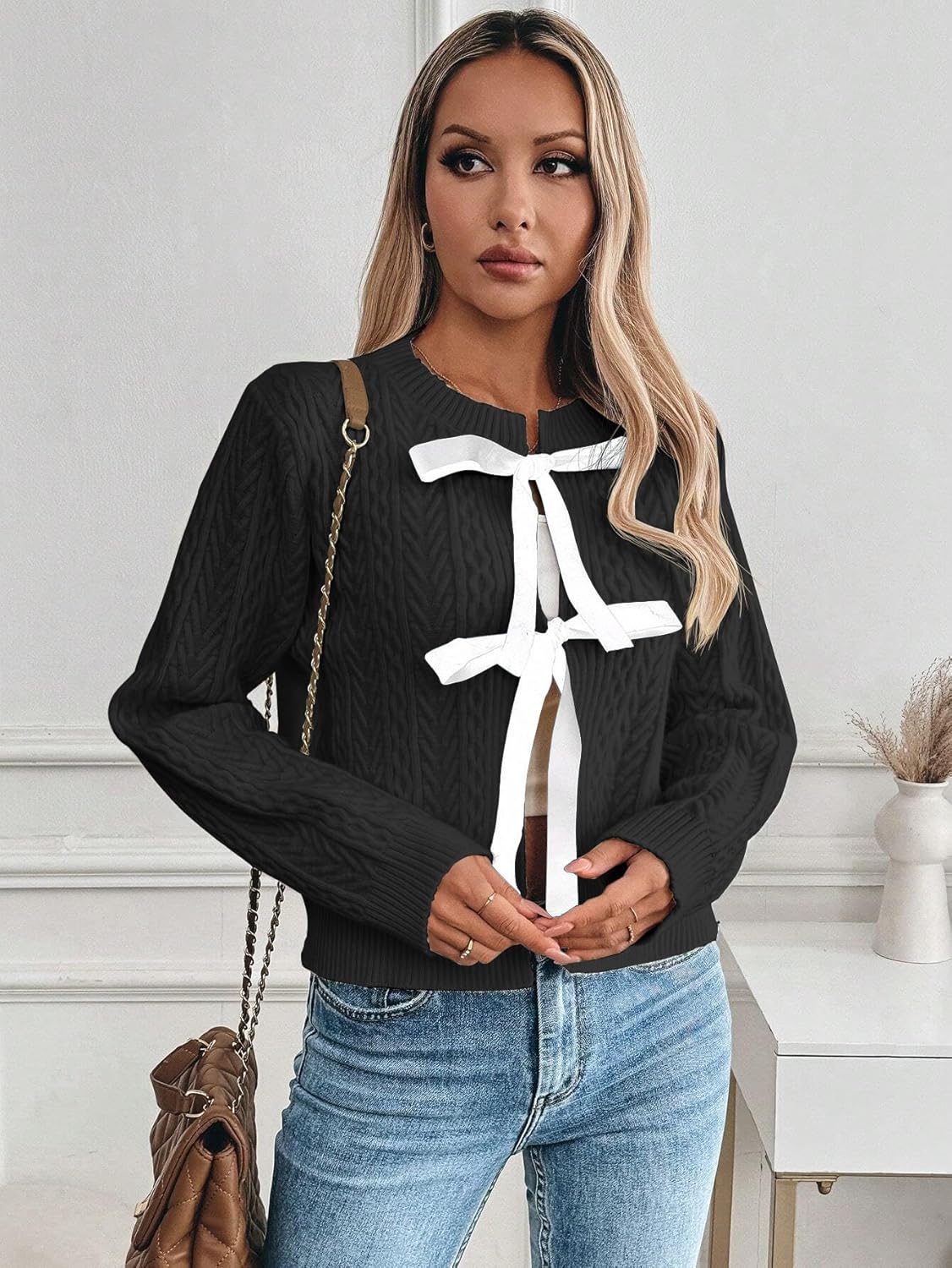 ZAFUL Women's Tie Front Cardigan Color Block Bow Cable Knit Sweater Open Front Long Sleeve Coats Tops - Image 5