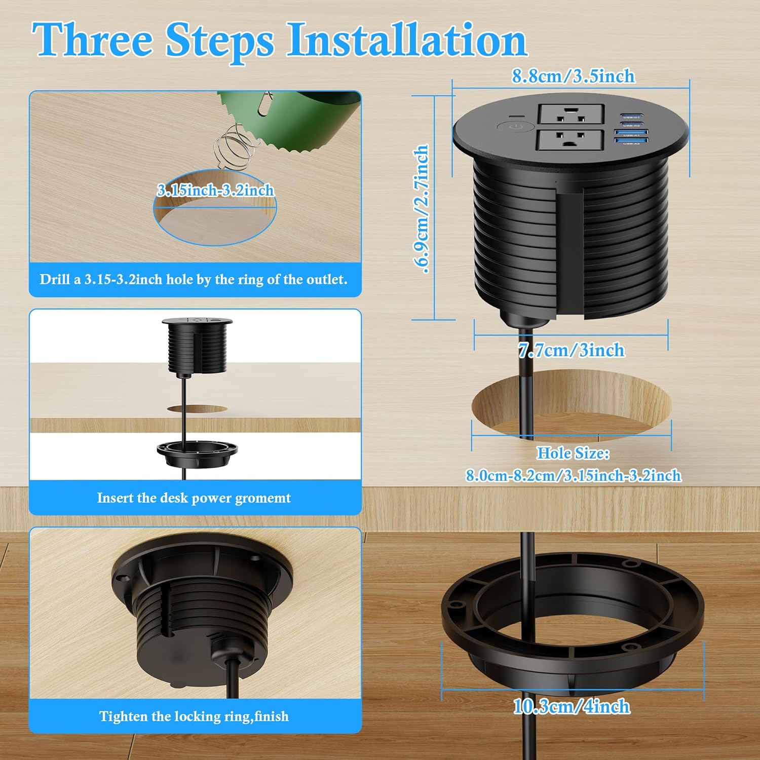 3.15 inch Desk Power Grommet with Dual 20W USB C, Recessed Desktop Grommet with Overload Protction 2 AC Outlets and 4 USB Ports 80mm Hole Power Outlet 6FT for Home,Office and Furniture,Black