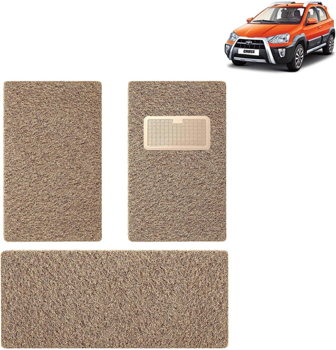 KINGSWAY Accessories Noodle Grass PVC Foot Mats Compatible with Toyota Etios Cross (Year 2014-2020) - 12mm Thickness Universal Fit Anti-Slip Car Floor Mats, Complete Set of 3 Pcs - Beige-Brown