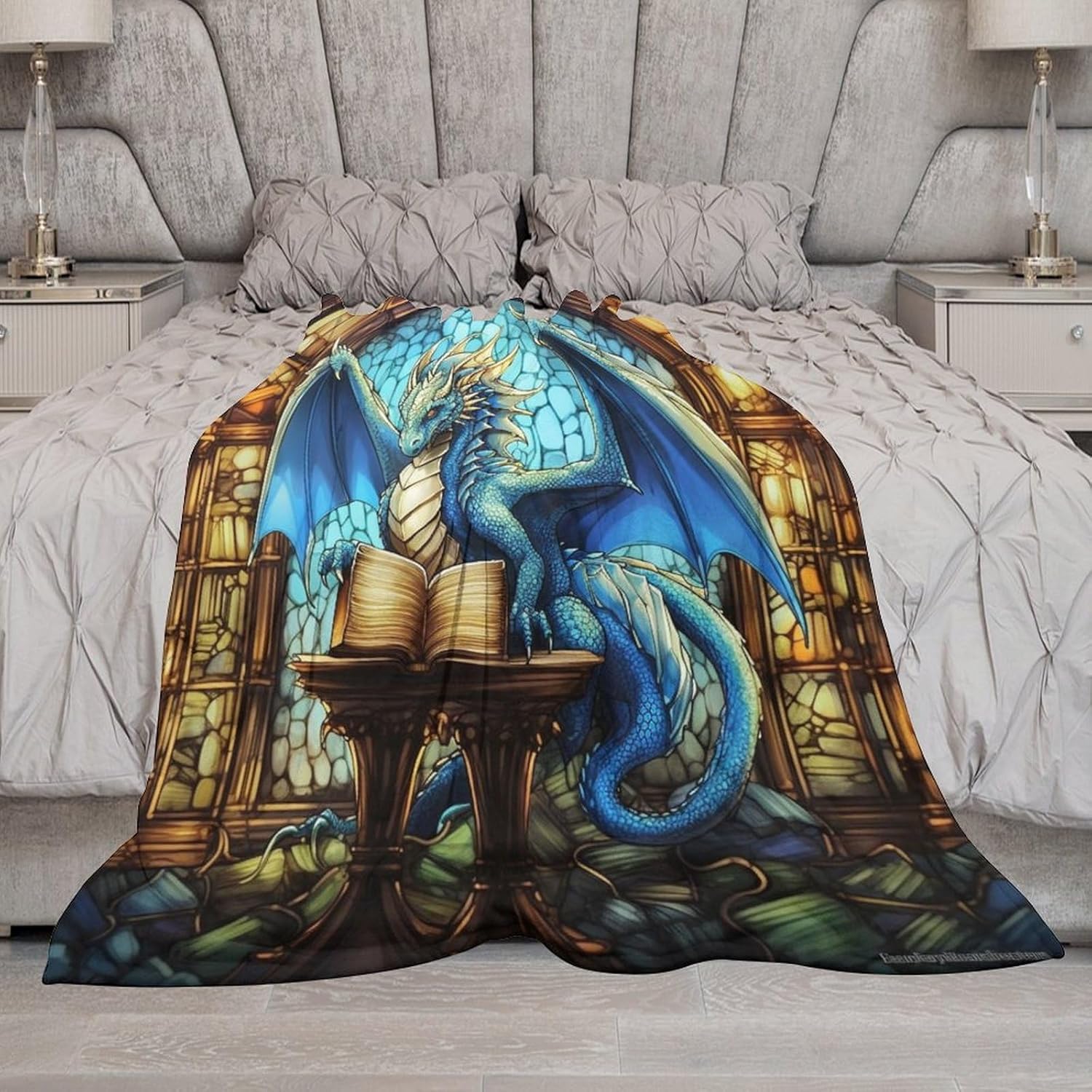 Western Dragon Glass Throw Blanket,Blue Dragon Reading Book Bookshelf Geometric Patchwork Abstract Decor Bedding Blanket Gifts for Boys Girls Kids Adult Men Women 40"x50"
