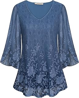Bebonnie Womens Ruffle 3/4 Sleeve V Neck Double Layers Mesh Blouses Loose Fit Flowy Tunic Tops