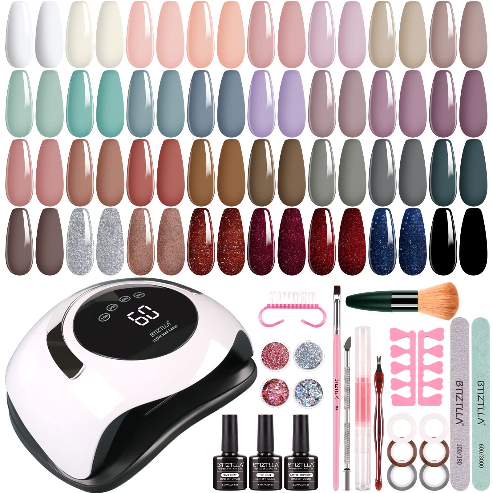 Btiztlla 32 Colors Gel Nail Polish Kit with UV Light 120W Nail Dryer, White Nude Purple Gel Nail Polish Set, UV LED Nail Lamp, No Wipe Base Top Coat, Nail Art Decorations, Manicure Tools Starter Kit