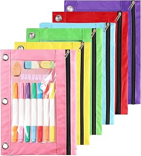 Pencil Pouch for 3 Ring Binder, 6 Pack Pencil Case with Smooth Zipper, Cute Soft Pen Bag with Clear Window and 3 Reinforced Metal Grommets Large Capacity Binder Bag for School Office Supplies