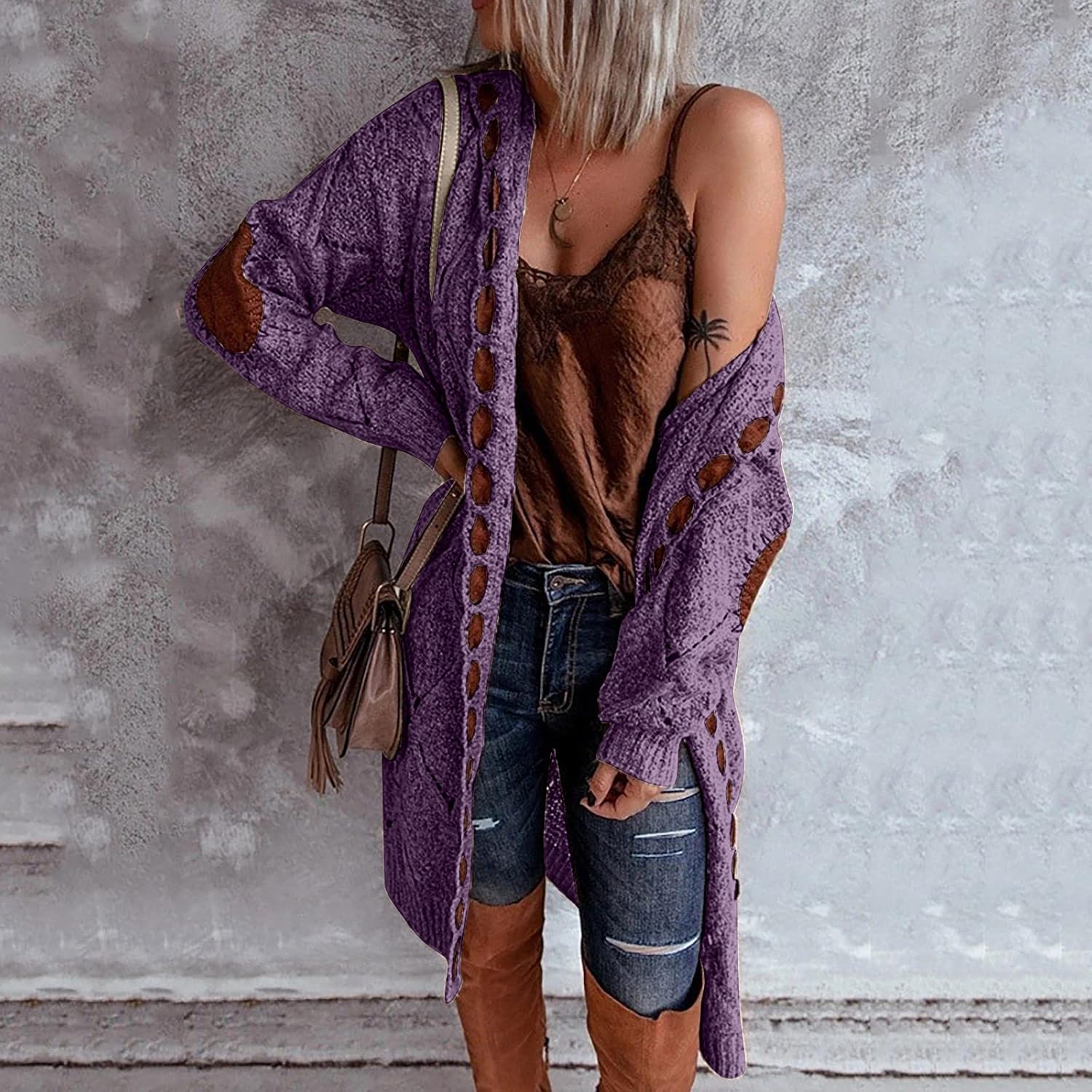 Women Hooded Open Front Cardigan Oversized Elbow Patch Long Sleeve Cable Knit Sweaters Chunky Long Sweater Coats