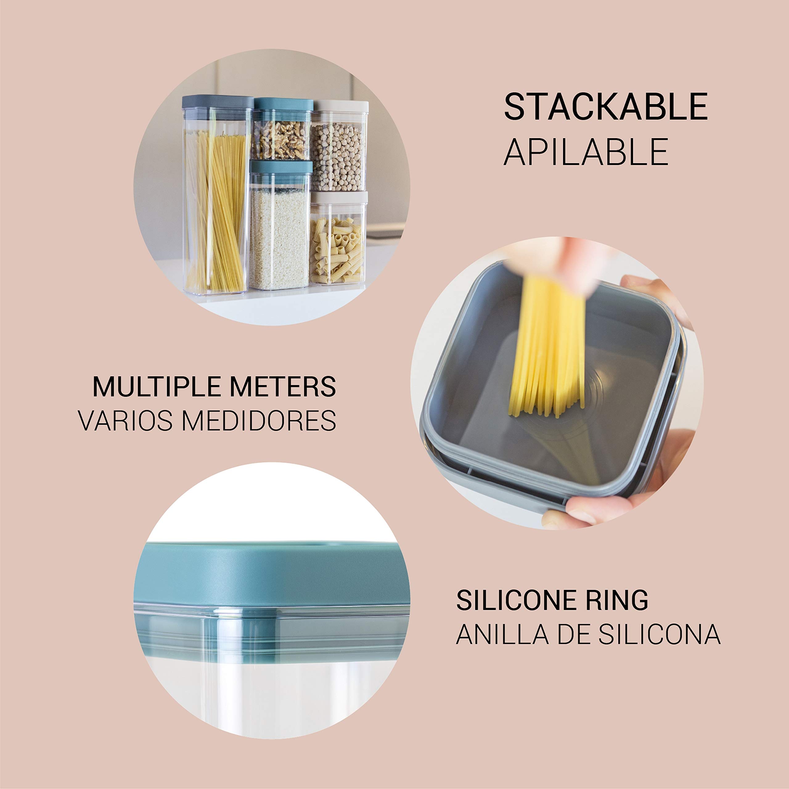 VIGAR - Set di 5 contenitori - 1,9 L + 1,2 L + 800 ml + 500 ml - Homey - Organizzatori ed ermetici con silicone - Con plastica priva di BPA - Blu, Grigio e Rosa