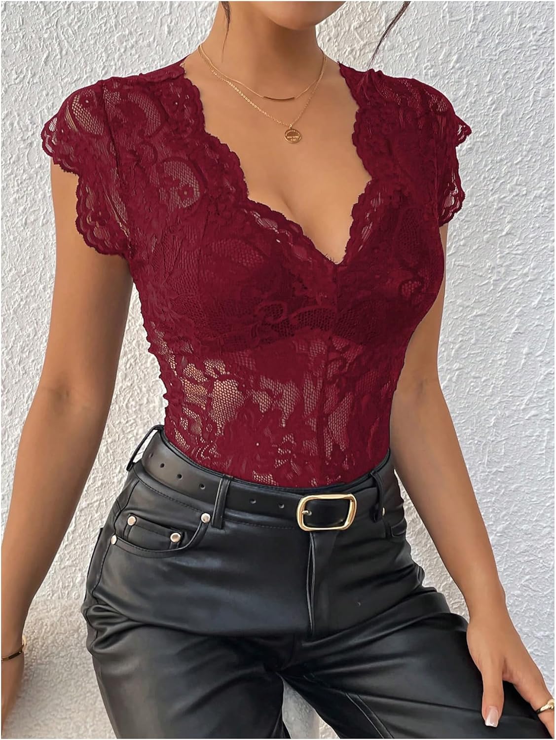 MakeMeChic Women's Lace Bodysuit Date Night Romper Deep V Neck Lace Tops Bodysuit - Image 5