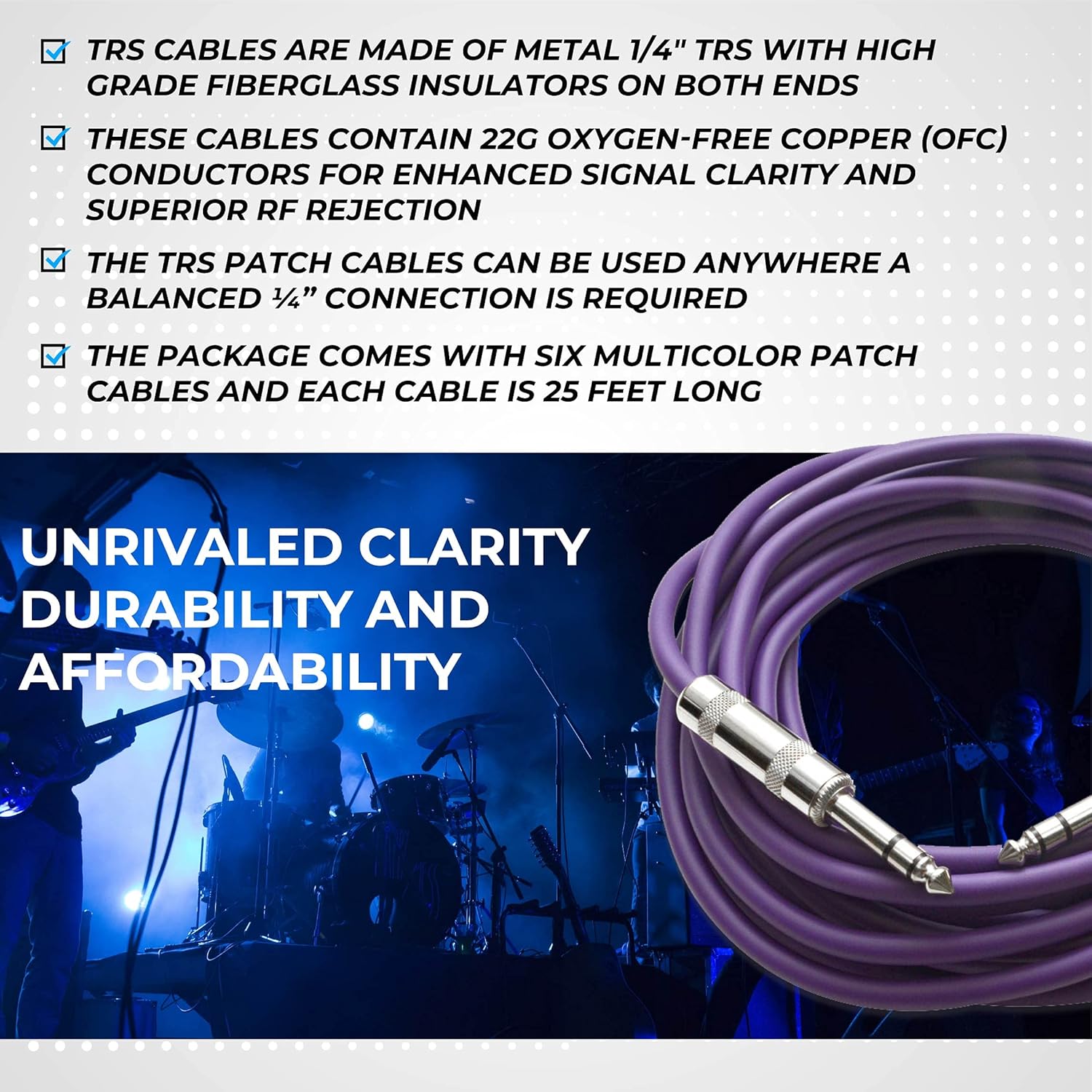 Seismic Audio Speakers ¼” to ¼” TRS Patch Cables, 25 Foot Patch Cables, Pack of 6, Multi Color