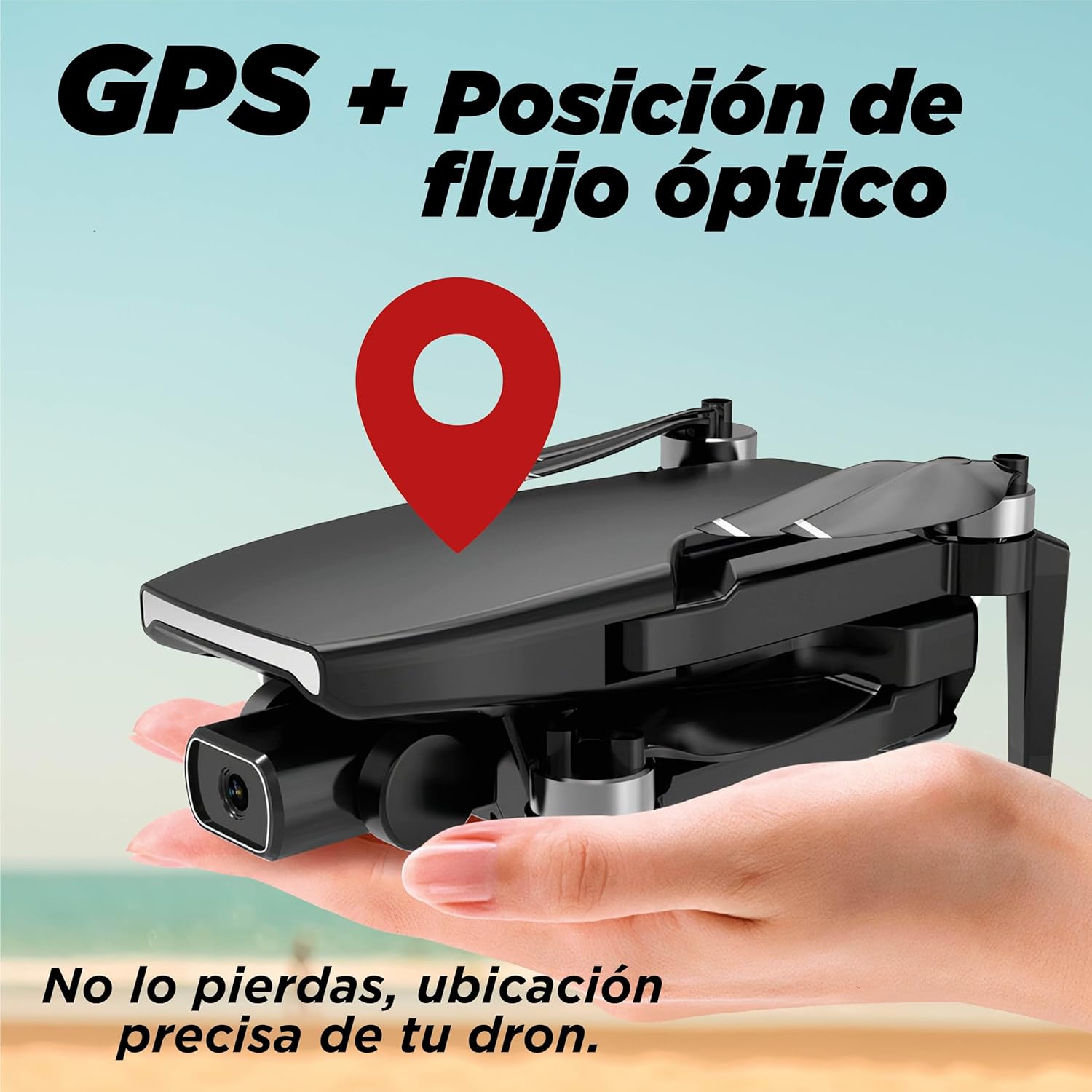 Drone held in a hand with a GPS pin icon, indicating GPS and optical flow positioning