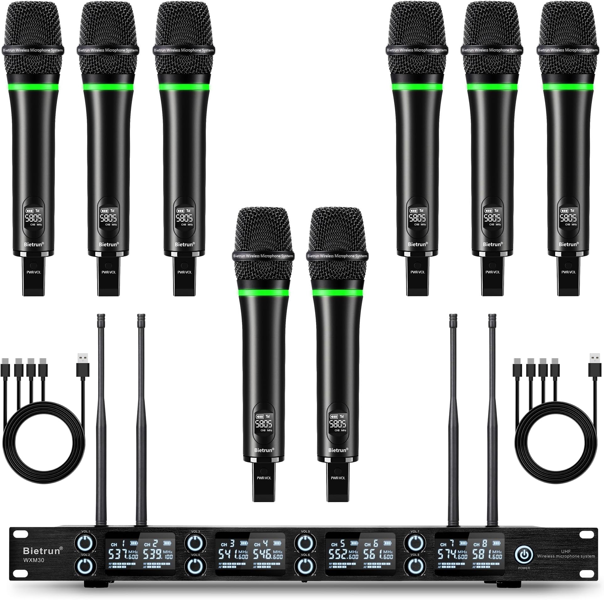 Bietrun 8-Channel Wireless Microphone System with 8 Rechargeable Mics Wireless, UHF 295ft Range, Professional Metal Cordless Dynamic Vocals Mics for Adults,Karaoke Party,Singing,Church,(Auto Connect)