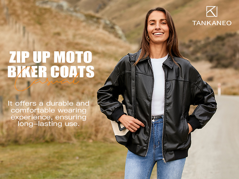 Tankaneo Womens Faux Leather Jackets Oversized Bomber Casual Fall