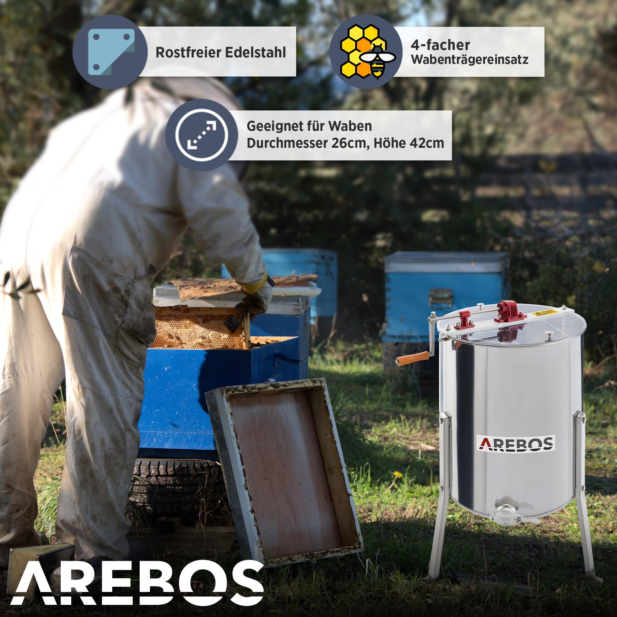 Arebos Premium Manuelle Honigschleuder | 4 Waben Rahmen | Extraktor Tangentialschleuder Edelstahl | Honigextractor mit Deckel | Imkerei und Bienenzüchter Zubehör