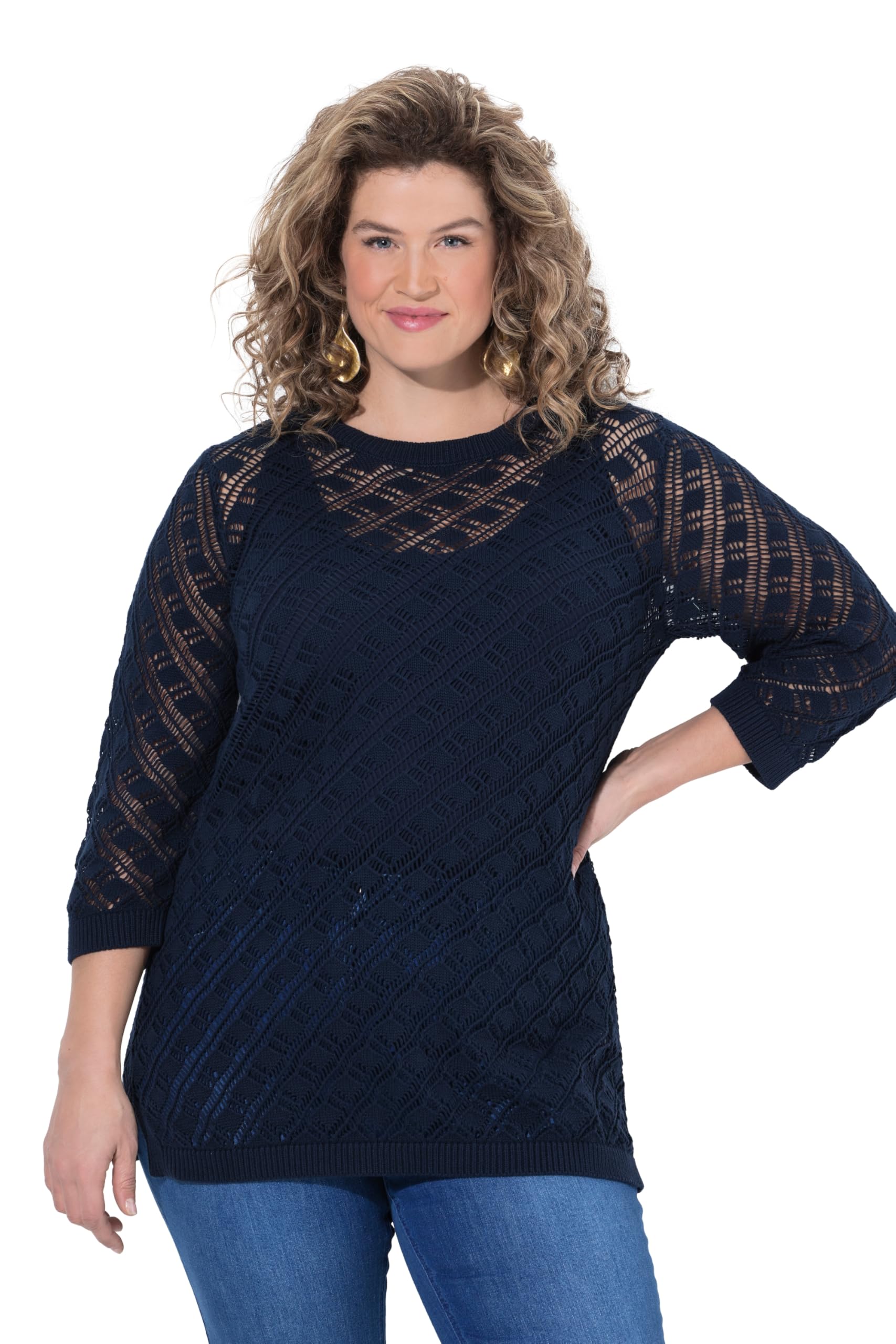 Ulla Popken Damen große Größen Übergrößen Plus Size Pullover, Fischernetz-Ajourstrick, Rundhals, 3/4-Arm 847615