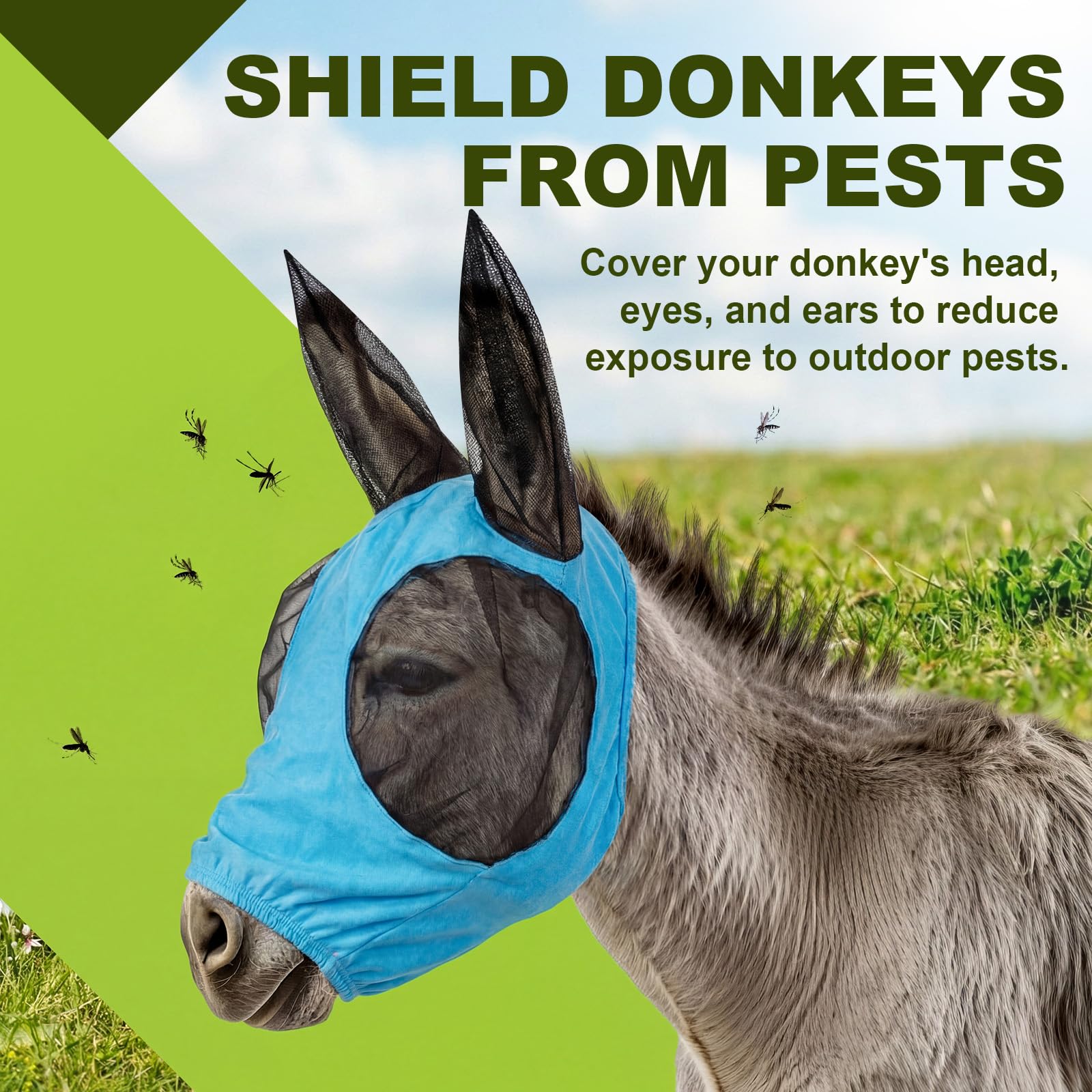 Esel Fliegenmaske mit Ohrenschutz, dehnbare Mule-Maske mit großen Netz-Augenabdeckungen, weich auf der Haut, bequem, atmungsaktiv, Schutz vor Insekten und Insekten