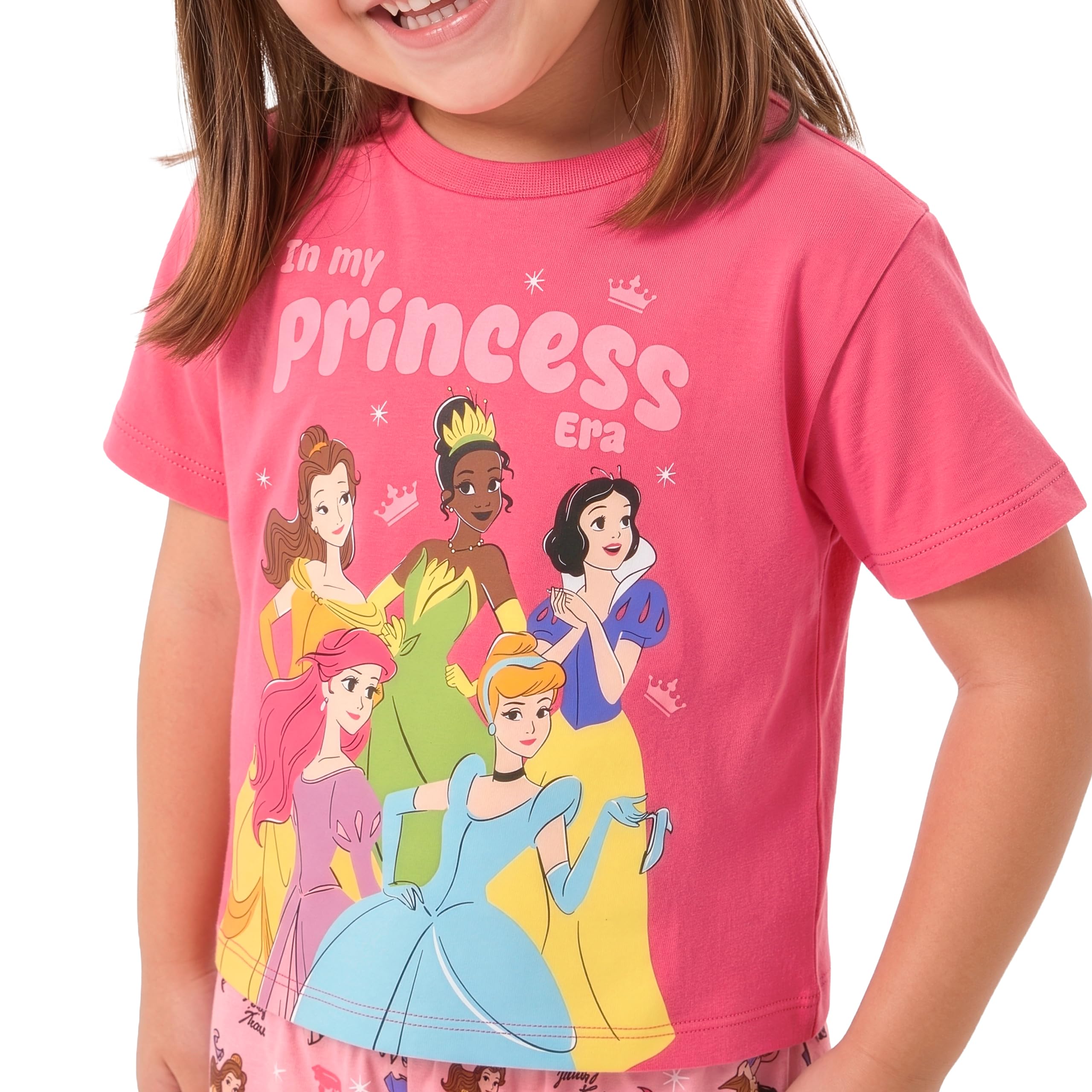 Piżama Disney Princess dla dziewczynki, Ariel, Bella, Tiana, Kopciuszek i Śnieżka, bawełniana piżama dziecięca