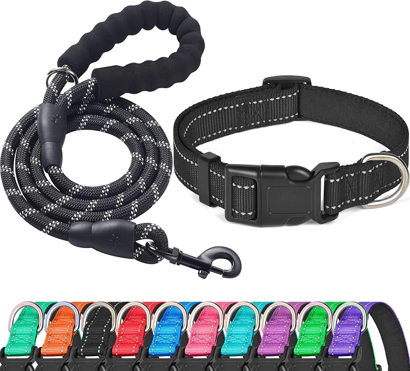 Coleira refletiva para cães com neoprene macio e guia, ladoogo, tamanho Grande, preta