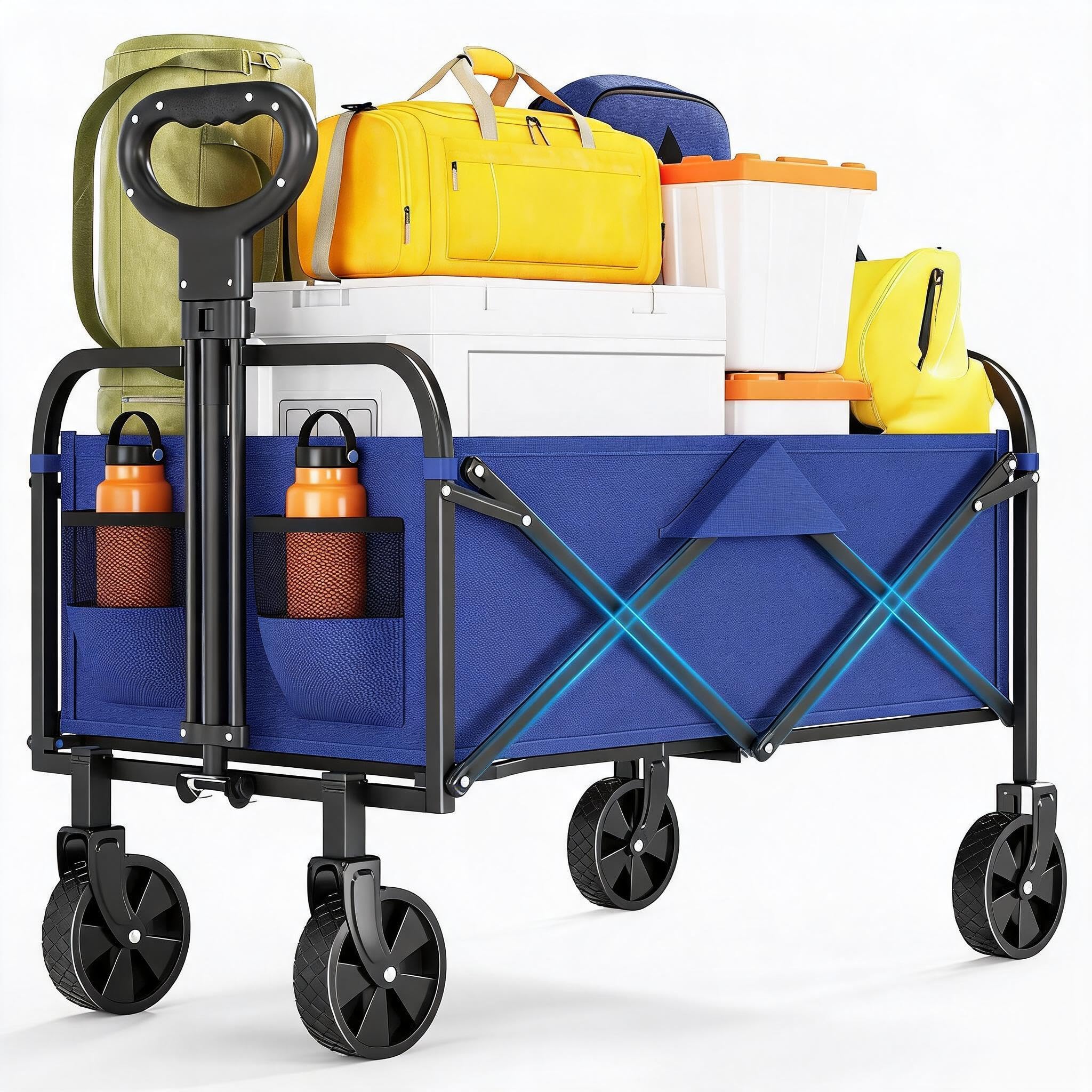 Cachpib Festival Trolley on Wheels, 220L Foldable Camping Cart, Pull Garden Wagon, All-Terrain Wheels, Adjustable Handle, Side Pocket for Camping, Beach, Garden, 380lbs Capacity
