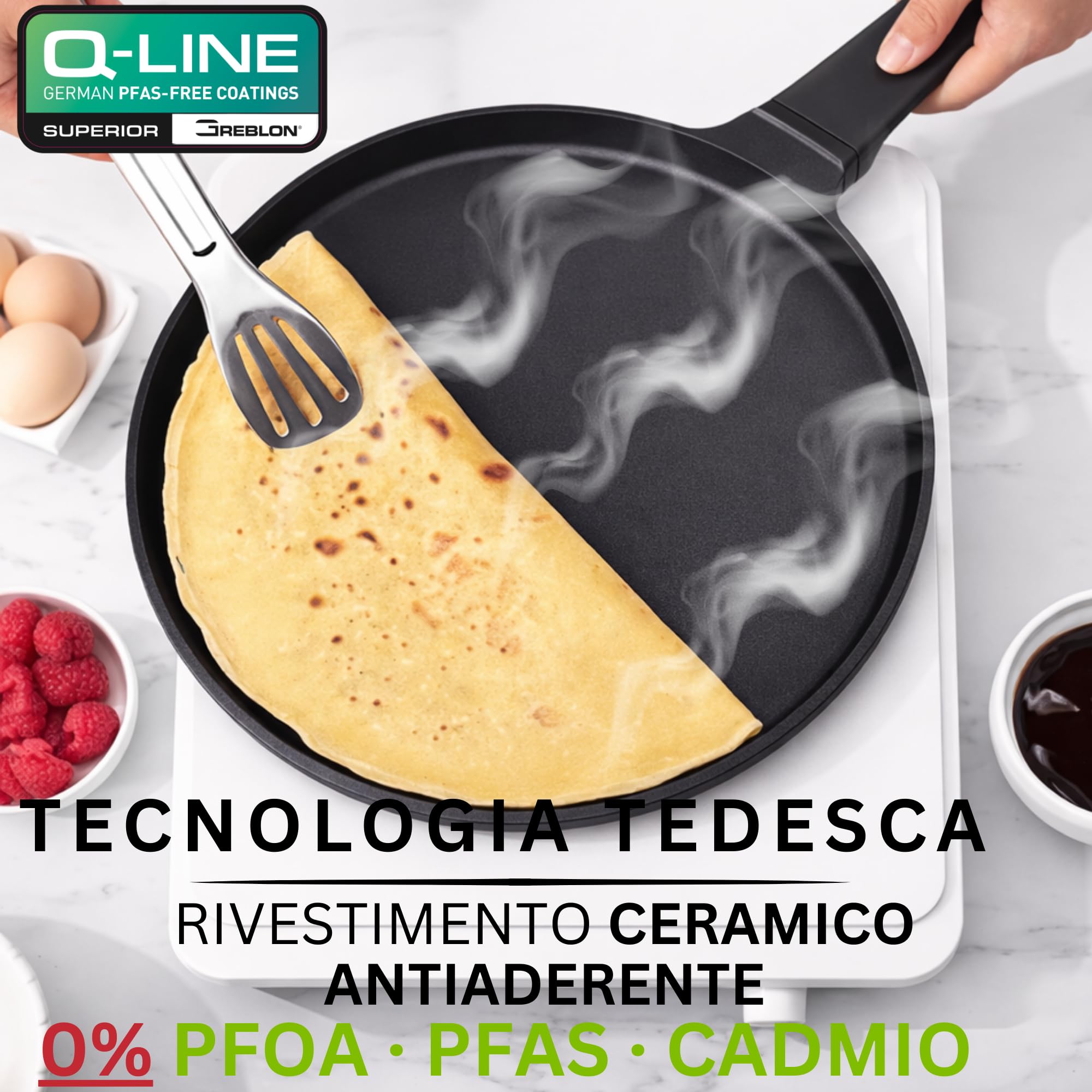 Stone&Stone Padella per Crepes e Pancake 26cm super Antiaderente per Induzione e gas | Crepiera con rivestimento Ceramico Tedesco | Senza PFOA PFAS PTFE | Spatola e Stendi Pastella Inclusi
