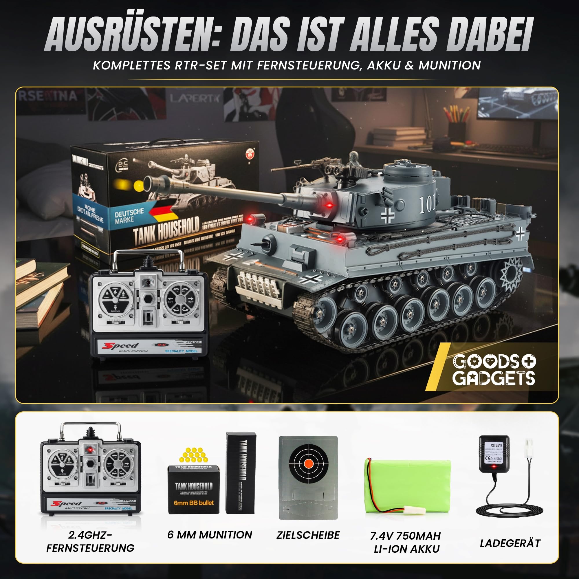 GOODS+GADGETS Ferngesteuerter RC German Tiger I 1:16 Modellbau Panzer 2.4GHz mit Schuss-Funktion, Sound - RTR (Tiger I)