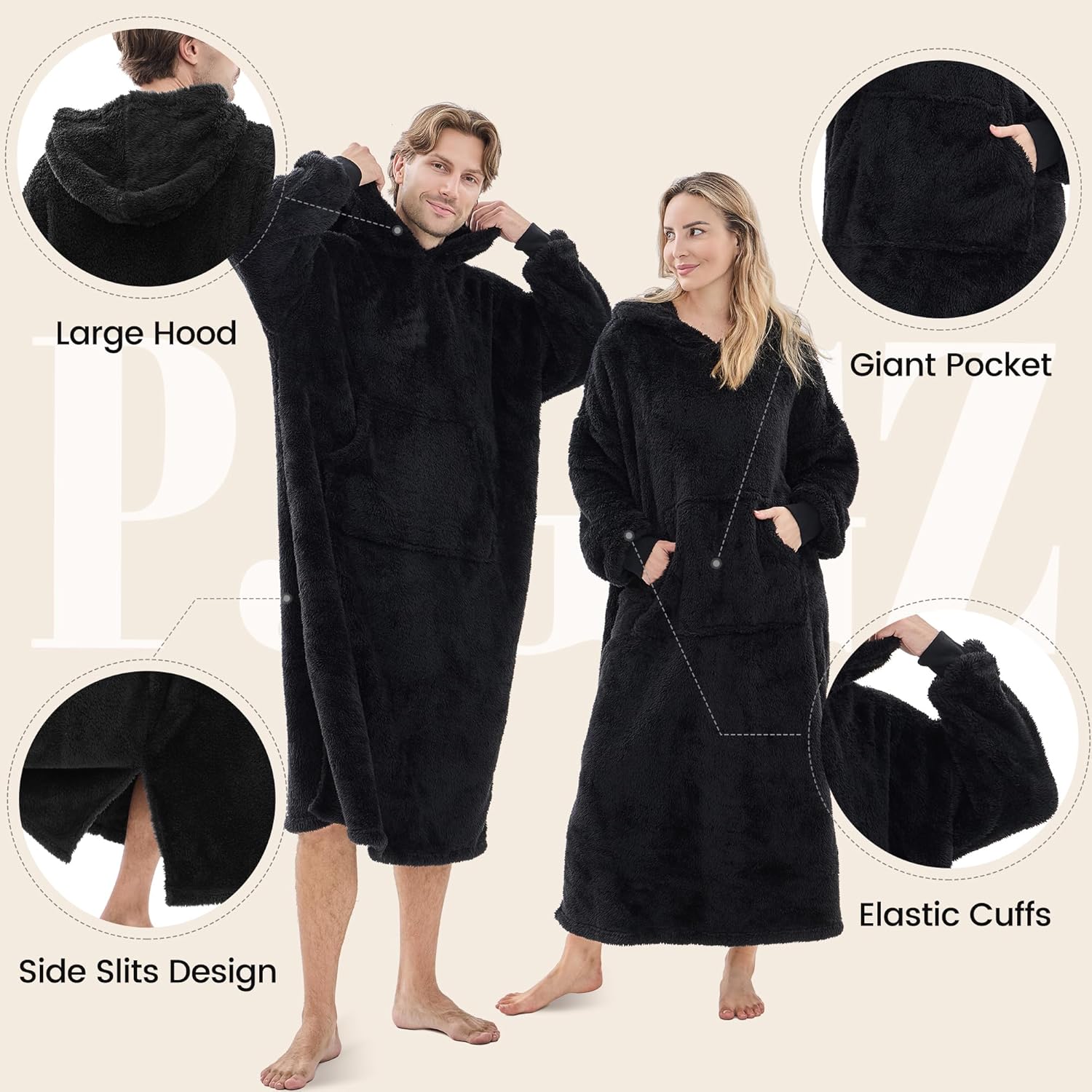 Wearable Blanket Hoodie for Women Men, Fleece Warm Comfy Hooded Sweatshirt with Pockets & Sleeves Cozy Gift for Adult - Image 2
