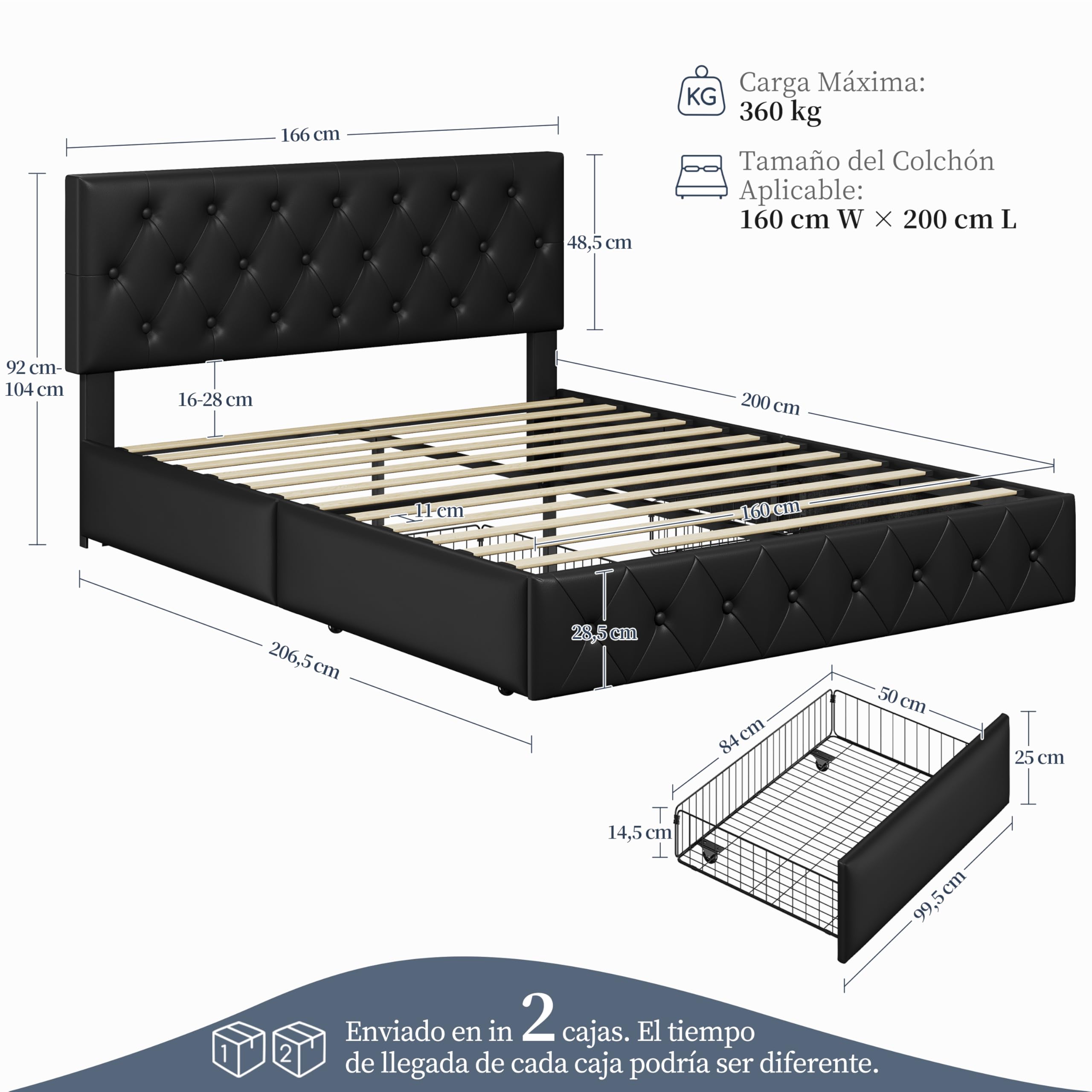Yaheetech Cama Tapizado con Cabecero Ajustable en Altura 2 Cajones con Ruedas Espacio de Almacenamiento Cama Doble Matrimonial 160 x 200 cm Negro