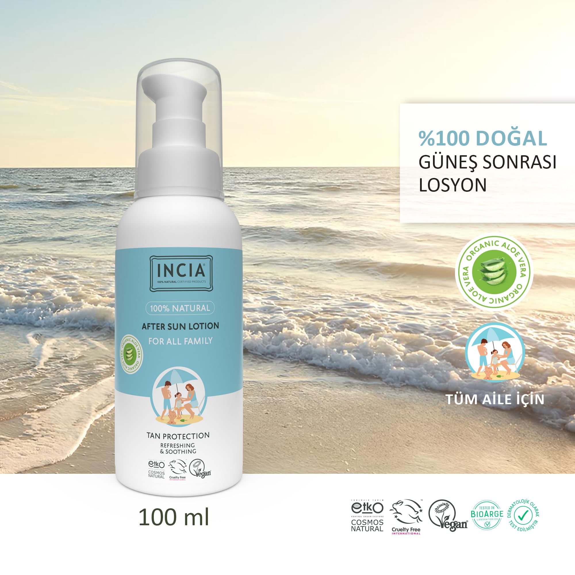 INCIA 100% Natural After Sun Losyon Güneş Sonrası Organik Aloe Vera Nemlendirici Rahatlatıcı 100 ml