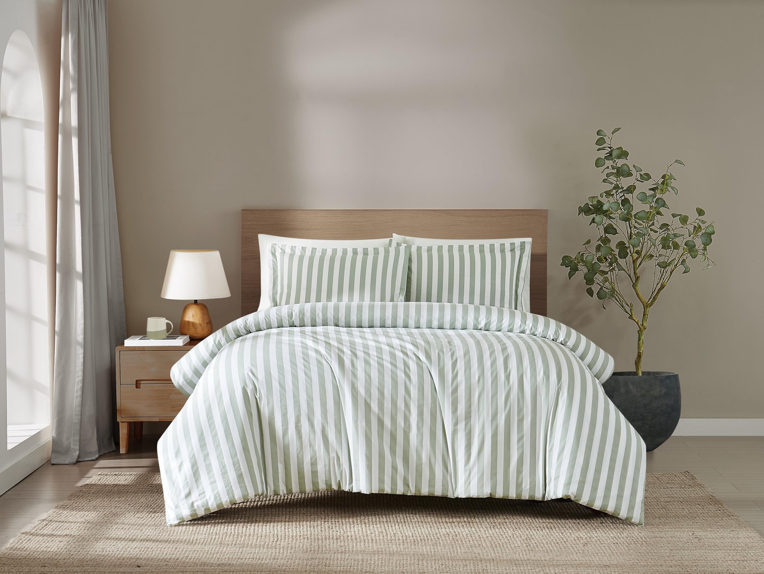 Brooklyn Loom Levi Stripe White/Sage Green Full/Queen 3 Piece Comforter Set