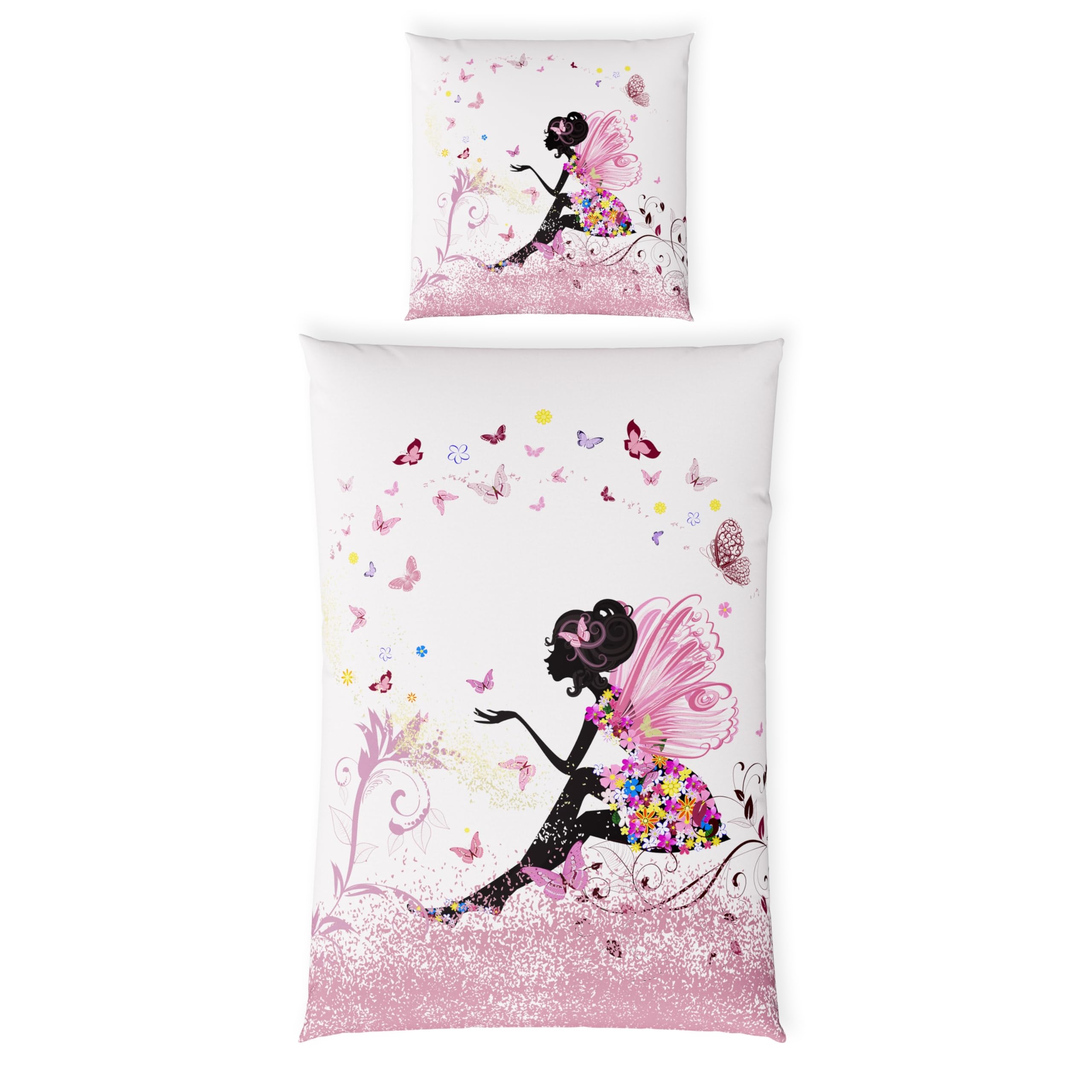 Carpe Sonno Kinder Bettwäsche 135x200 Kinder [Leuchtet im Dunkeln] Fee Motiv + 10 Spiele | 100% Baumwolle + Oeko-Tex 100 | Kinderbettwäsche Glow in The Dark | Schmetterling Bettwäsche Mädchen 135x200