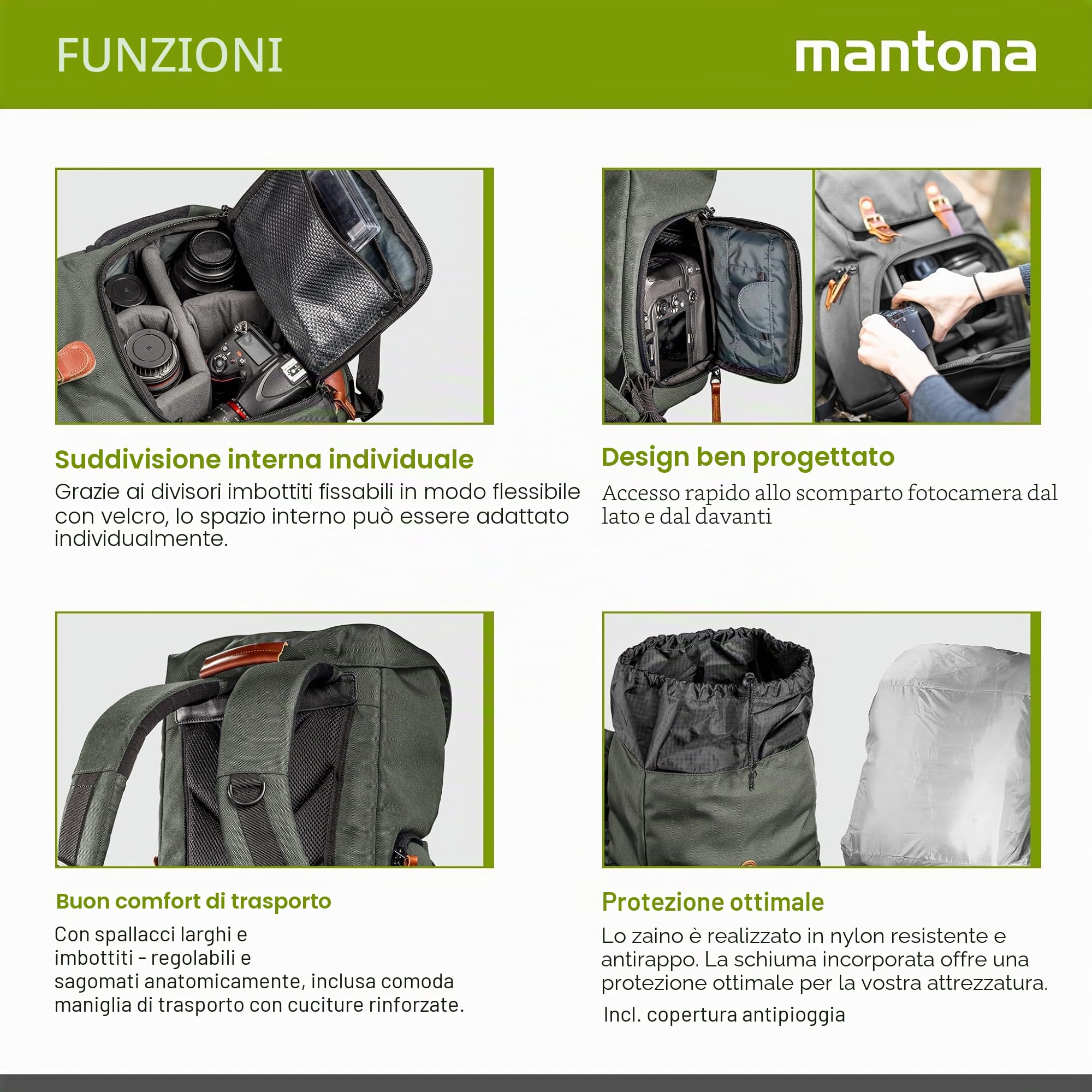 Mantona Luis junior Retrò Zaino fotografico verde con pelle, per fotocamera con protezione antipioggia, Borsa da fotografo con scomparto laptop, per 1 DSLR, 1-2 obiettivi e vari accessori fotografici