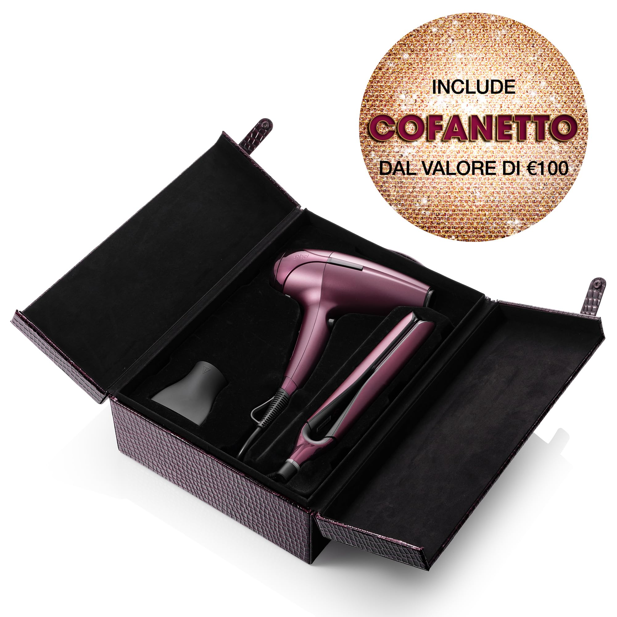 ghd Set Regalo Chronos & Helios Cherry Chic, Include Piastra per Capelli HD Motion-Responsive e Asciugacapelli Professionale in Tonalità Rosso Ciliegia, con Elegante Cofanetto Viaggio