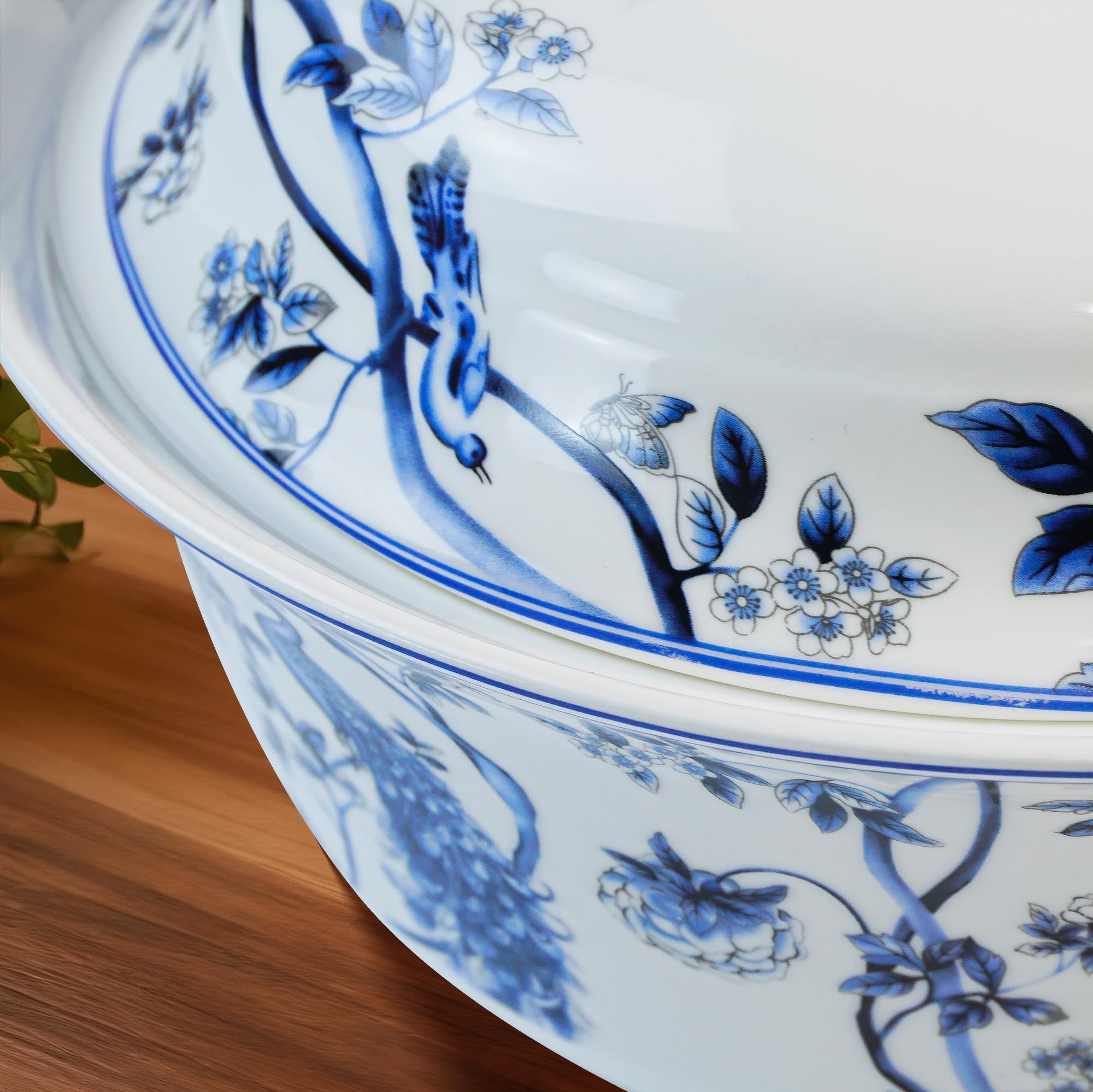 Keramik-Suppentreene mit Deckel und Löffel, Porzellan-Suppen-Servierschalen mit Griffen für Küche, Unterhaltung, Party, blaue Blumen und Tiermuster, 2,5 l, mikrowellen- und spülmaschinenfest