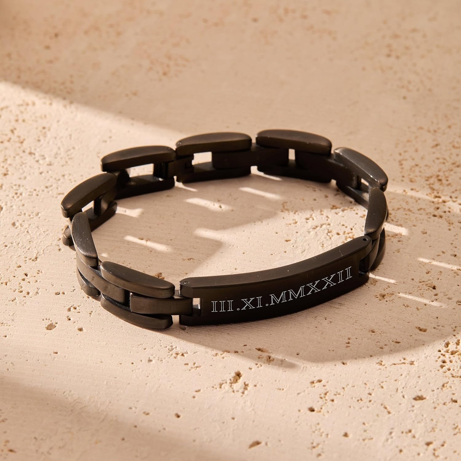 EVE'S ADDICTION Men's Custom Engraved Roman Numeral Black Bracelet in Stainless Steel - Men's Engravable Bracelet - Father's Day Gift - Gift for Dad - Gifts for Dad