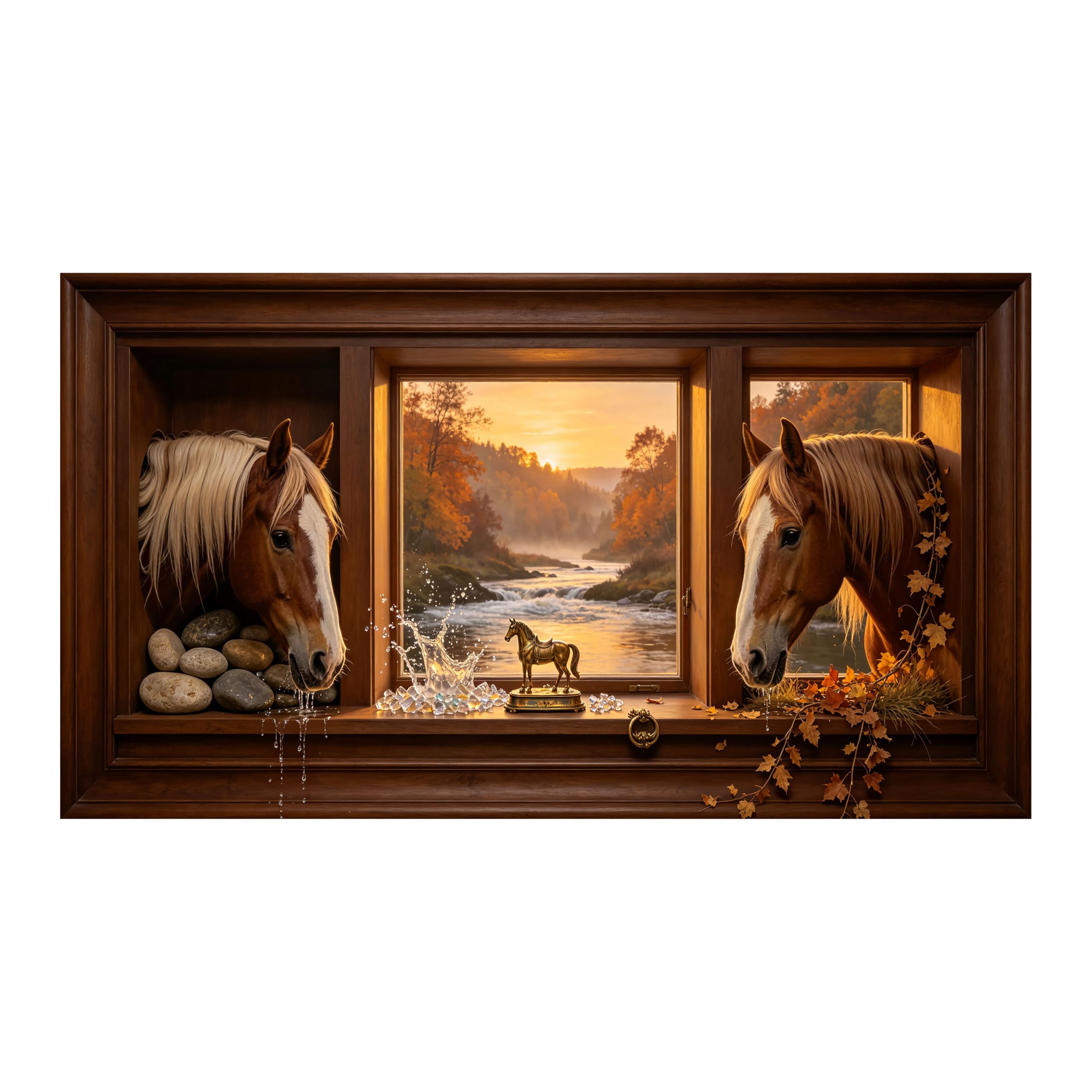 Yzpallescene 3D Framed Wall Art Rustic Horse Autumn River Window View Large Size SelfAdhesive Removable Wall Decor Prints Artwork for Living Room Bedroom Office