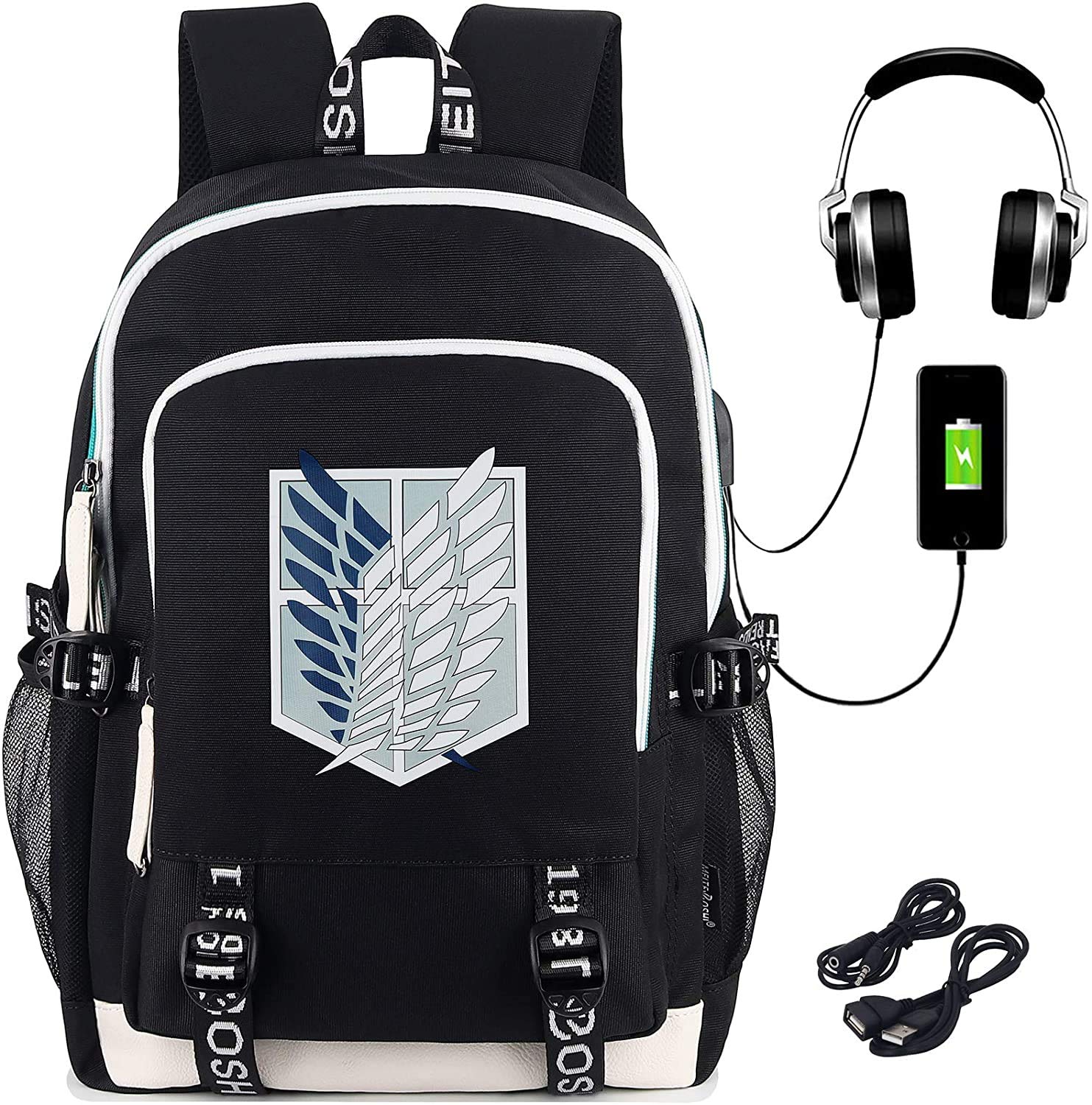 Roffatide Anime Rucksack College-Tasche Laptop-Rucksack mit USB-Ladeanschluss und Kopfhöreranschluss