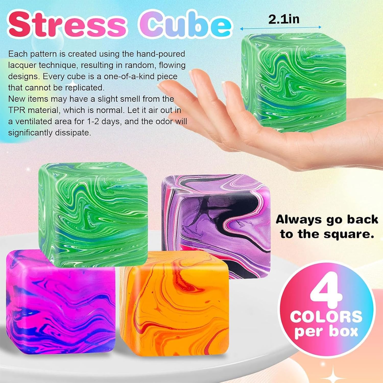 Squishy Stress Cube – Slow Rising Fidget Toys for Anxiety Relief, Squeeze Toys with Water Stripe for Adults (4 Pcs)
