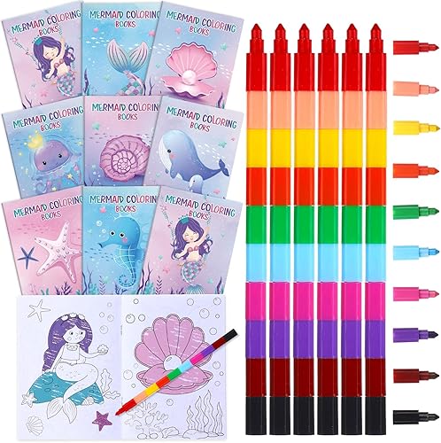 Funrous 24 libros de animales de sirena con 24 crayones apilables para niños, recuerdos de fiesta, libros de actividades de vacaciones, crayones de