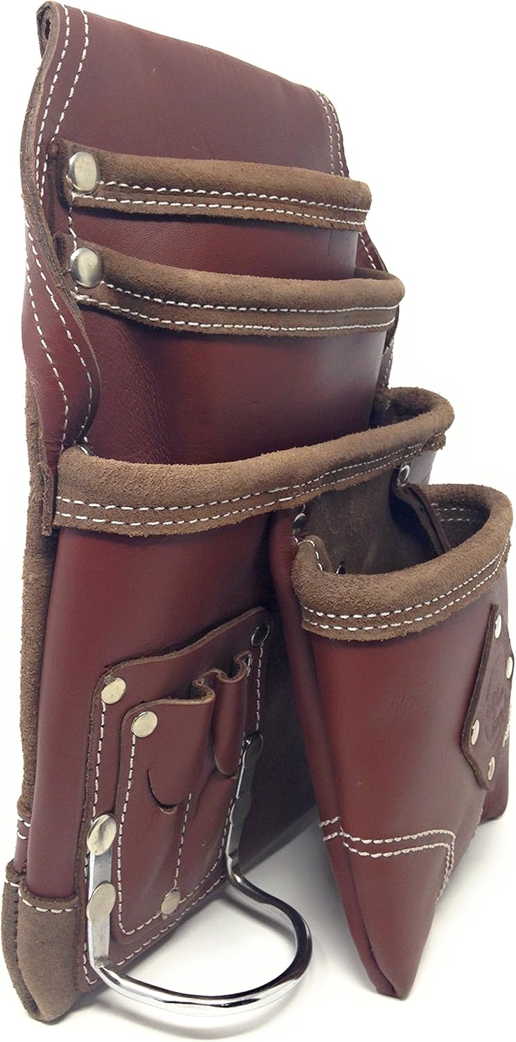 Professional 10 Pocket Grain Leather Carpenter's Tools and Nails Pouch Bag with 2 Steel Hammer Holders, Construction, Framers, Handyman