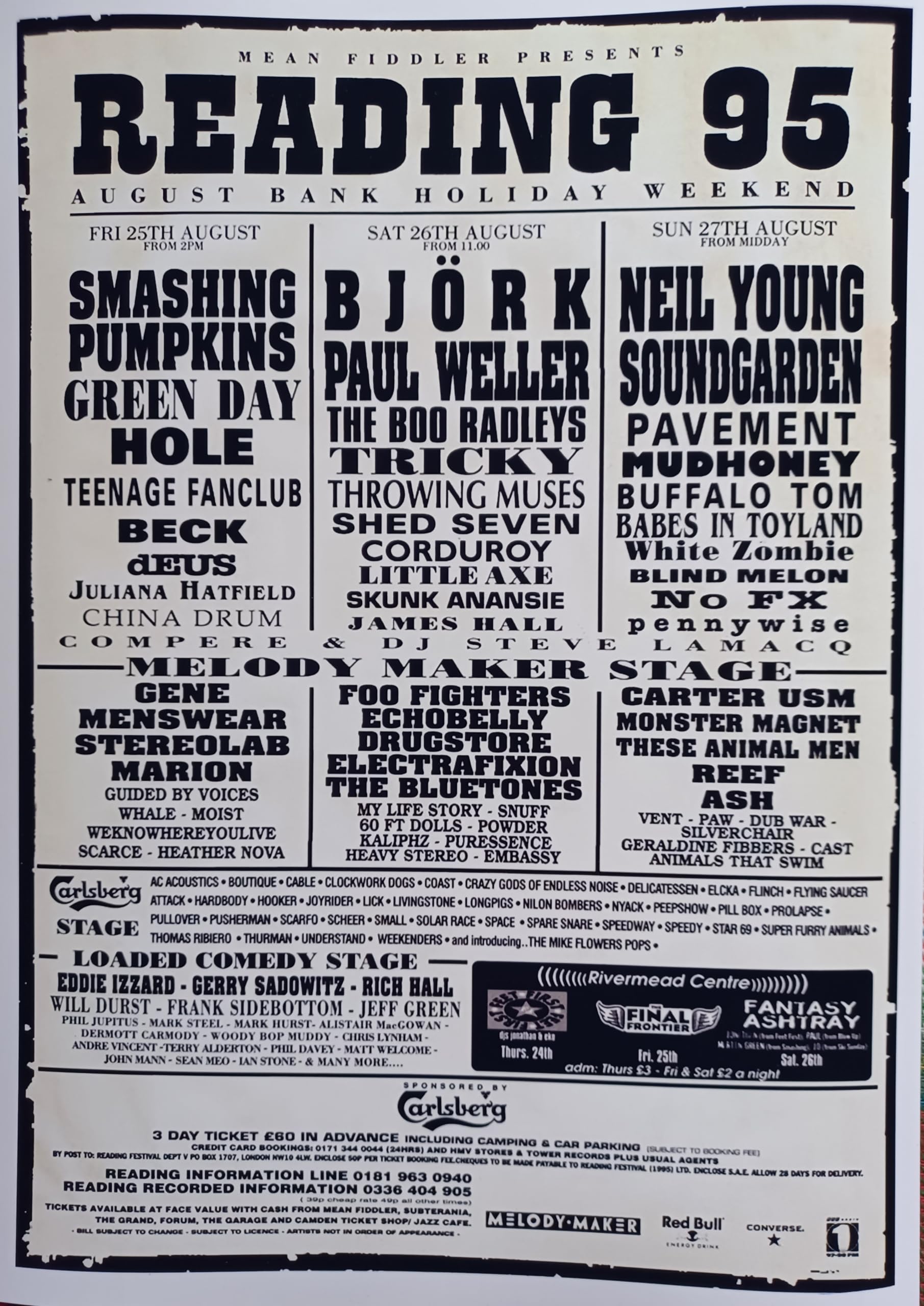 Assorted Multicoloured Reading Festival 1995 Line-Up - Smashing Pumpkins Bjork Paul Weller Neil Young Green Day Foo Fighters - Souvenir Print