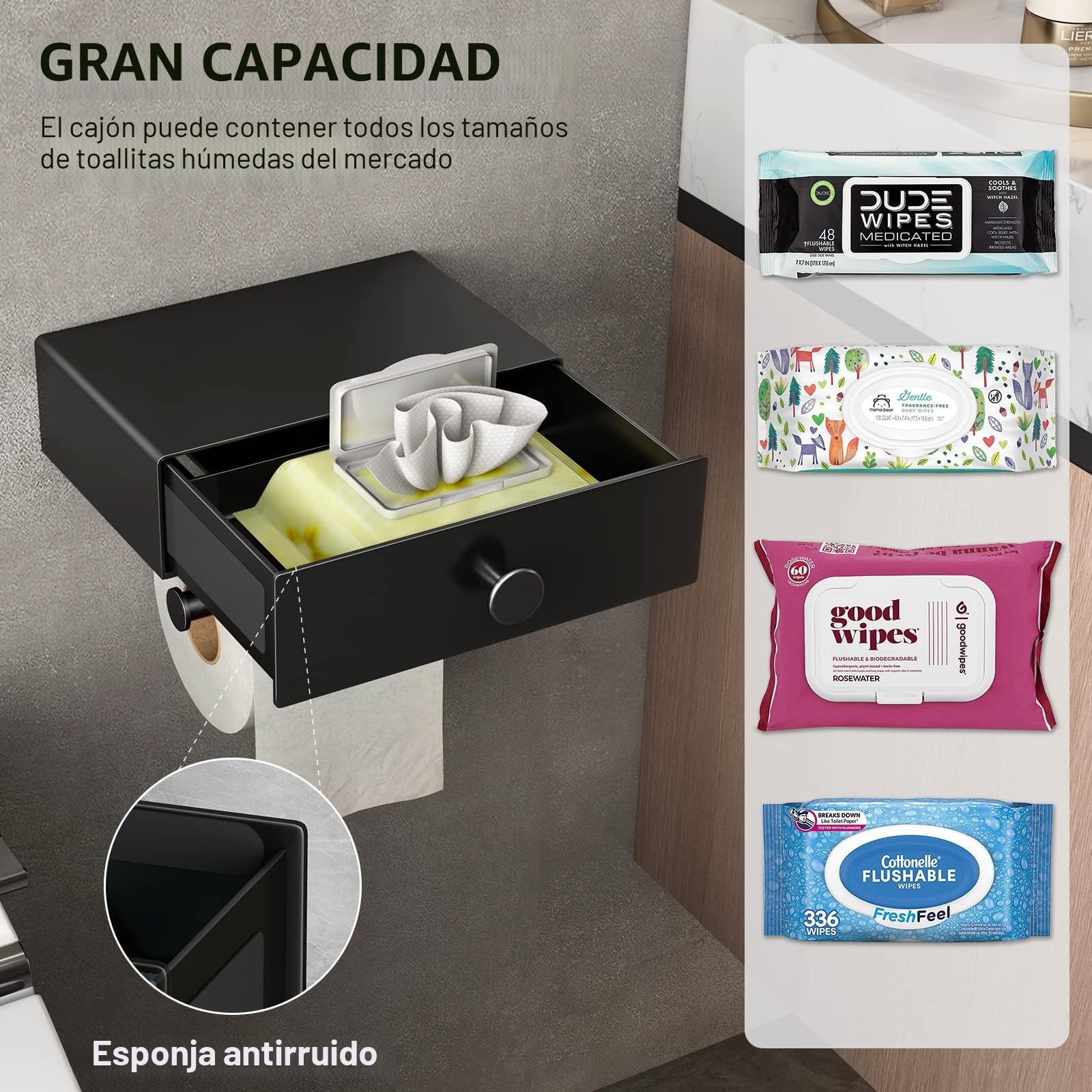 VOLDRA Portarrollos Papel Higienico Adhesivo, Porta Rollos de Papel Higienico con Estante de BañO Sin Taladro Soporte Rollo Papel Higienico con CajóN para Toallitas Toilet Paper Holder(Negro)