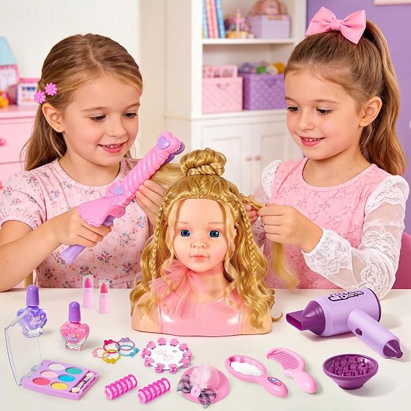vamei Tête à Coiffer Enfant 28PCS – Tête de Poupée Maquillage et Coiffure, avec Sèche-Cheveux, Fer à Boucler, Accessoires Cheveux, Maquillage Lavable, Kit Salon Jouet Fille 3 4 5 6 7 8 Ans - 5