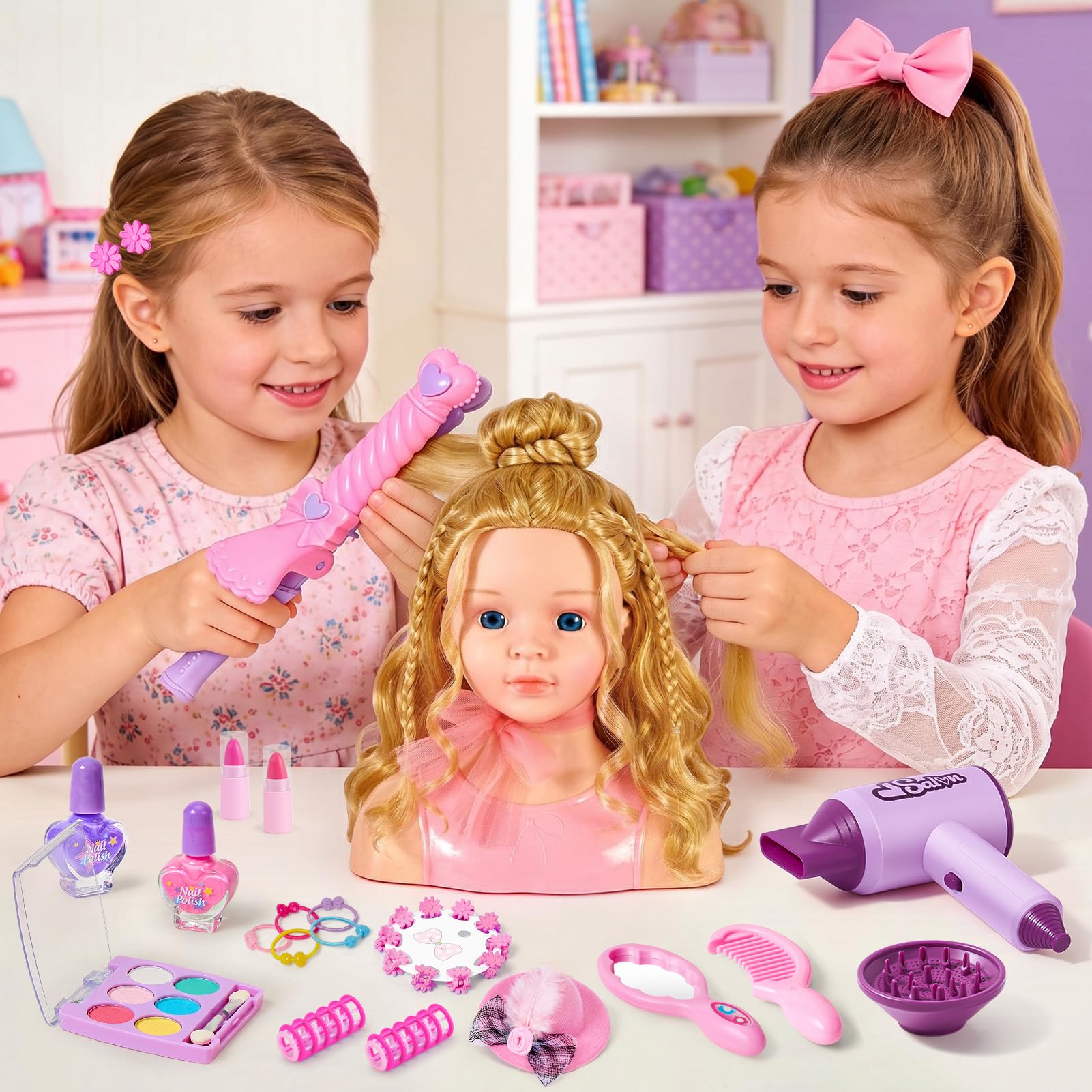 Frisierkopf Kinder Schminkkopf Mädchen Spielzeug, Stylingkopf Set mit Haartrockner, Lockenstab, Schminke, Hut, Haarstyling Zubehör, Rollenspiel Geschenk Puppenkopf zum Schminken Frisieren ab 3 Jahre