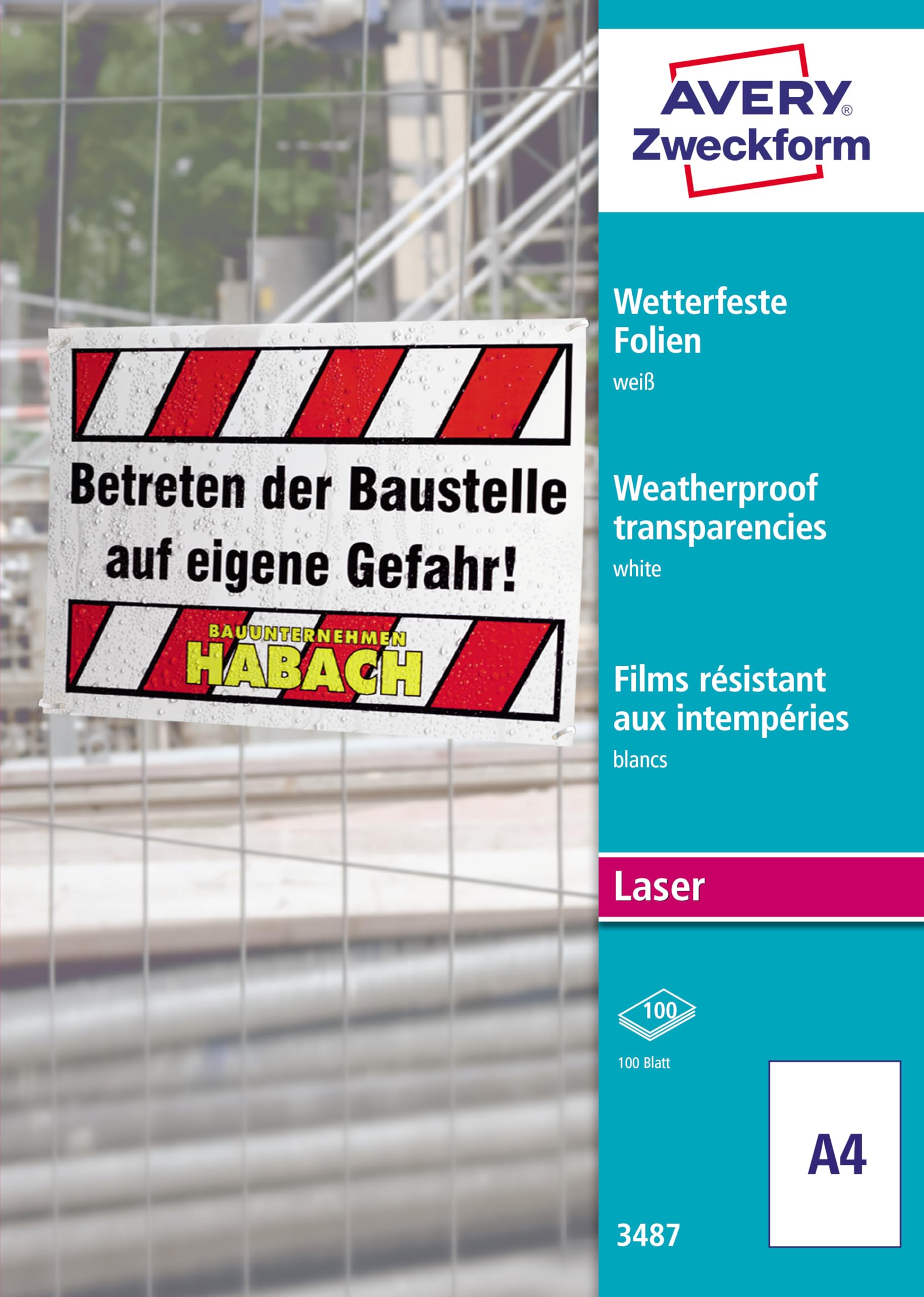 AVERY Zweckform 3487 Wetterfeste Folien, extrem strapazierfähig (A4, 210x297 mm, 100 Folien auf 100 Bogen, bedruckbar,stapelverarbeitbar, zur Kennzeichnung im Innen- und Außenbereich) weiß