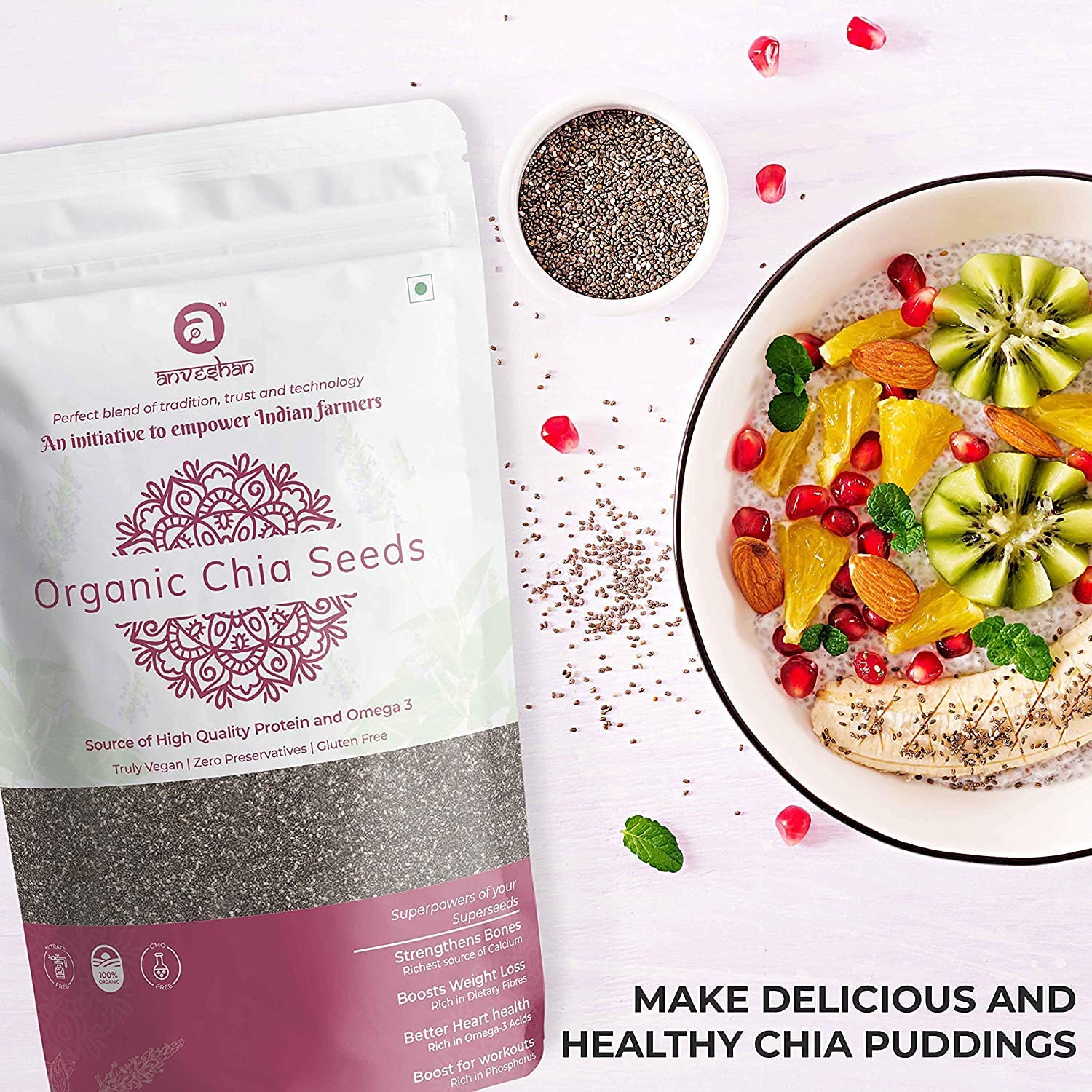 QURA Organiczne nasiona chia | nieprażone, certyfikat USDA, zarządzanie utratą wagi, bogate w kwasy tłuszczowe omega-3, woreczek 300 g