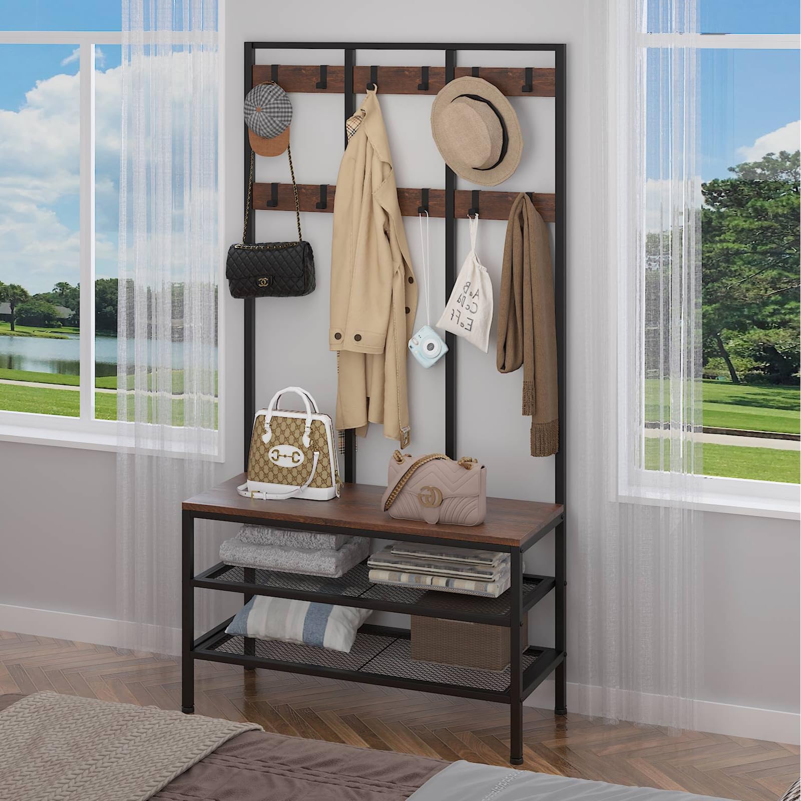 Dripex Appendiabiti con Panca Scarpiera, Appendiabiti da Terra con 12 Ganci rimovibile e Ripiani, Attaccapanni in Legno e Metallo, 100x40x182cm, Marrone Vintage e Nero