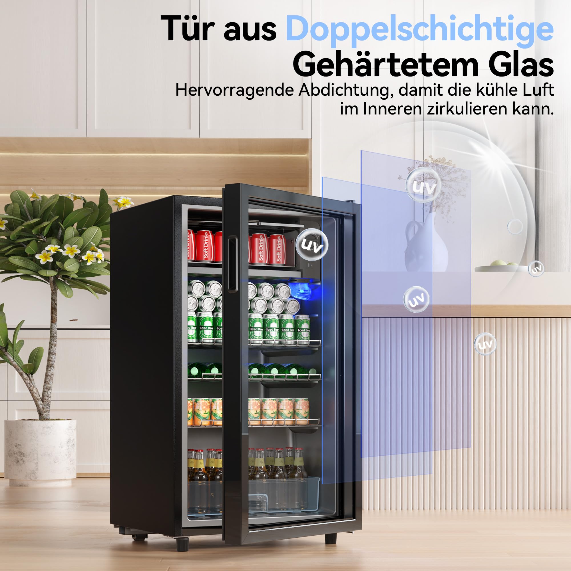TRIUMPHKEY 93L Getränkekühlschrank Mini-Kühlschrank mit Glastür für 140 Dosen LED