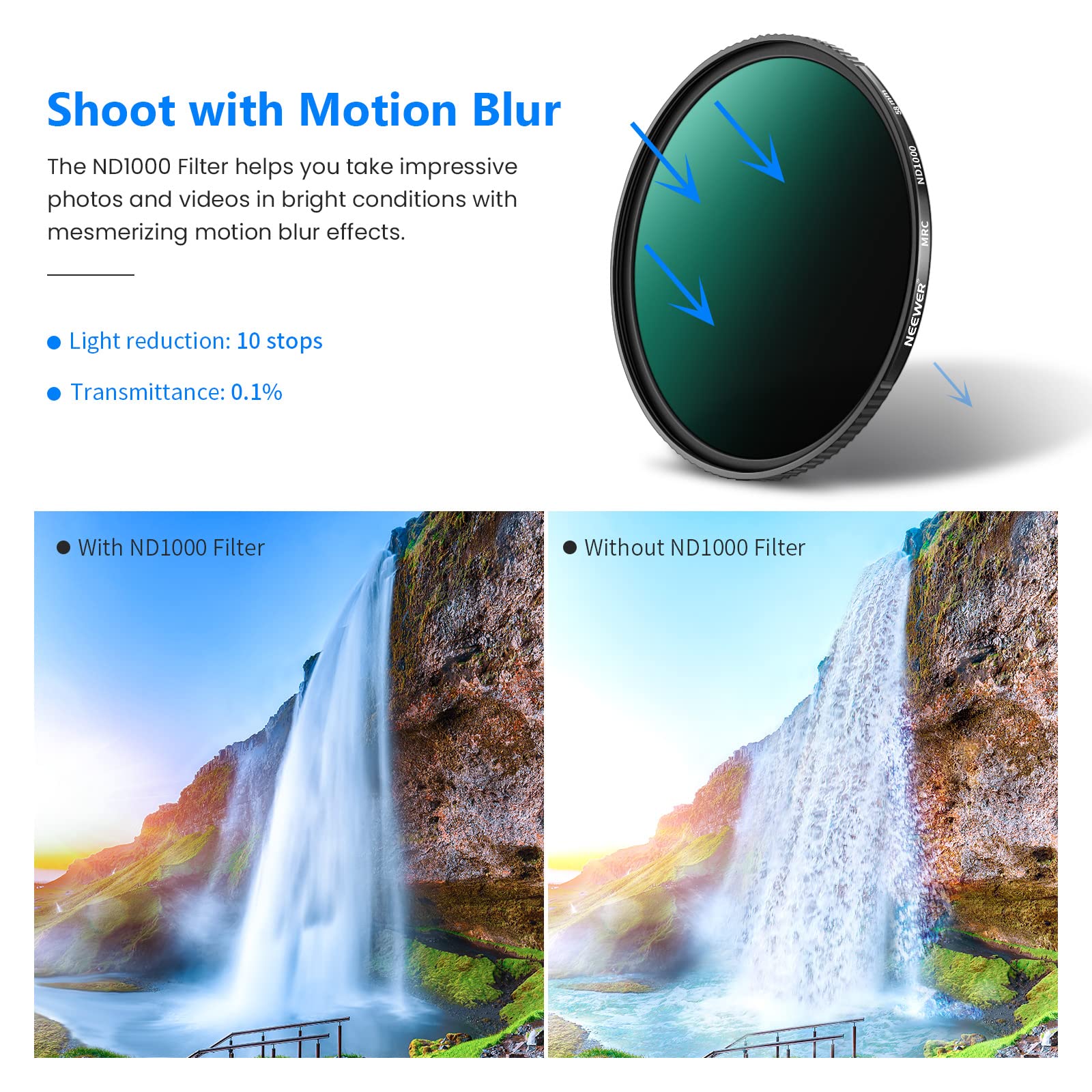 Neewer 58mm ND Filter ND1000 10 Stops Neutral Density Filter Multi Layer Coated/HD Optical Glass/Water Repellent/Scratch Resistant/Ultra Slim Black Matte Frame for Long Exposure - Image 2