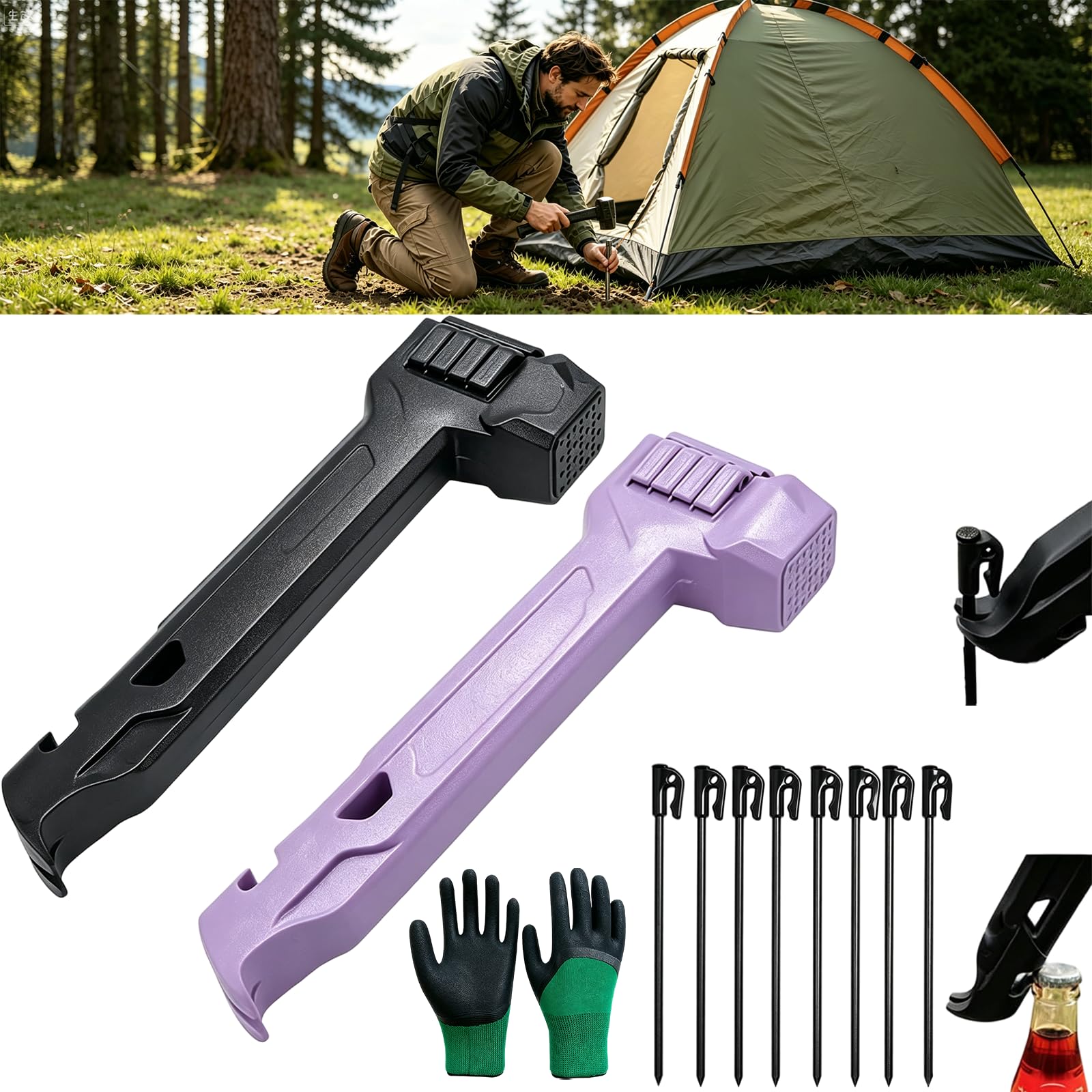 Camping Hammer with 8 Pegs, Heavy-Duty Camping Mallet for Tent Stakes with Peg Puller, Bottle Opener, Storage Handle &amp; Textured Striking Head for Hiking Backpacking (Black+Purple)