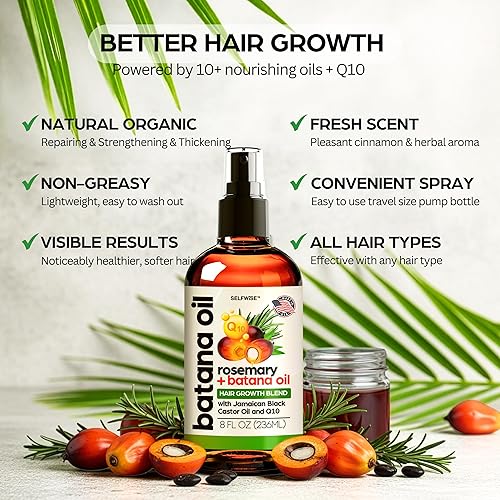 Miniatura 6 de SELFWISE Aceite de batana para el crecimiento del cabello con ricino de romero, 100% puro, orgánico, prensado en frío, sin refinar de Honduras por